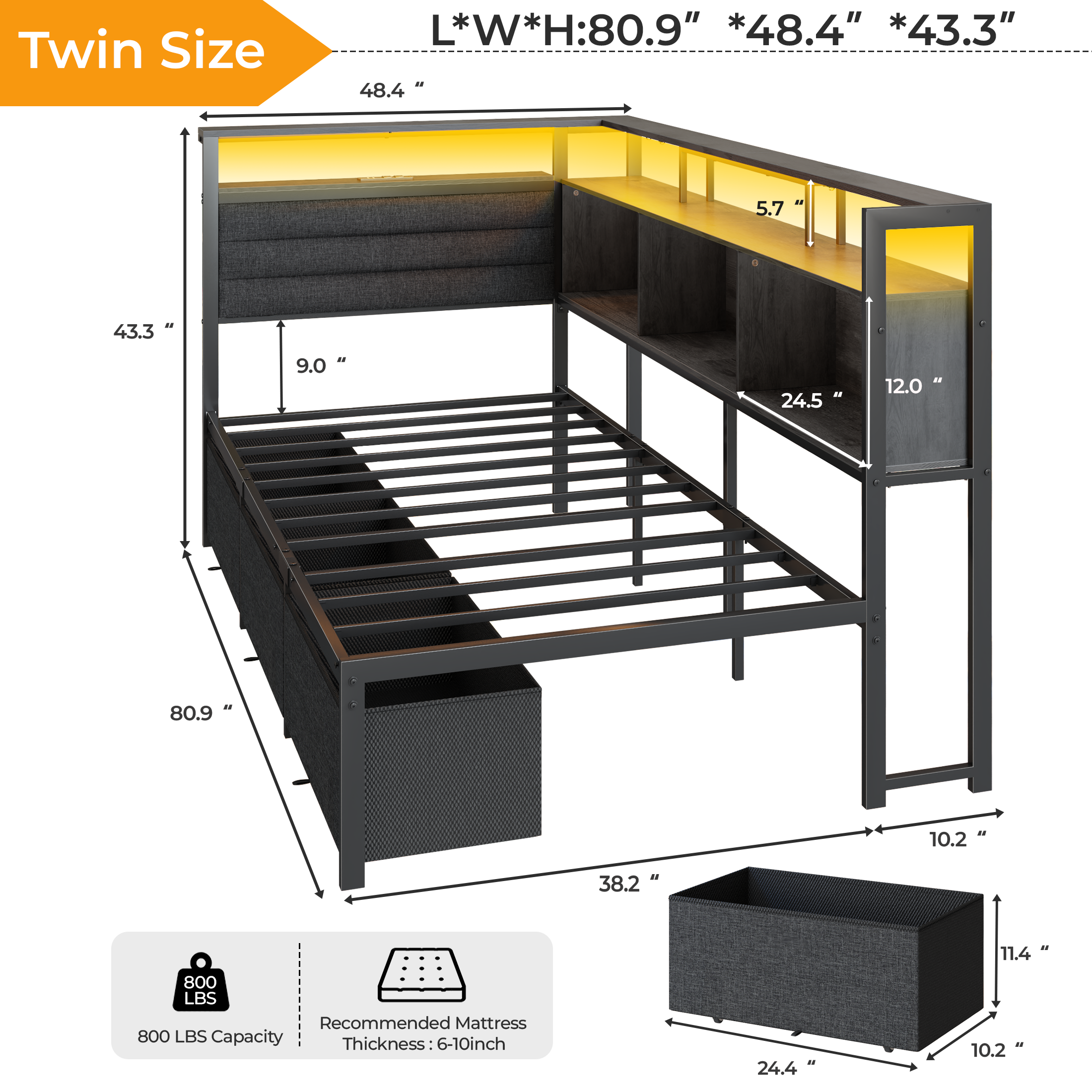 Gray Twin Bed Frame with LED Lights Charging Station Storage Bookcase 3 Drawers Upholstered Headboard Corner Daybed No Box Spring