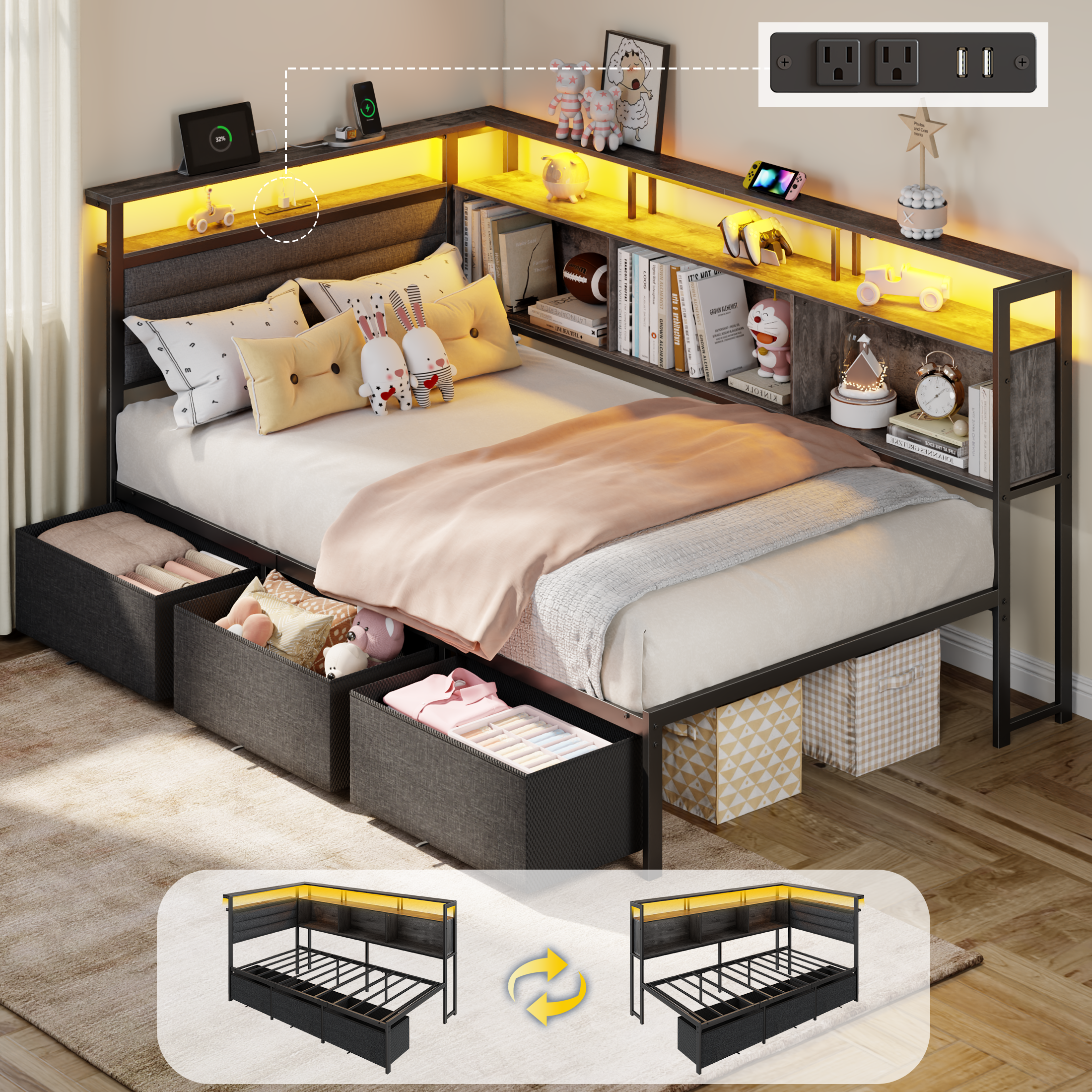 Gray Twin Bed Frame with LED Lights Charging Station Storage Bookcase 3 Drawers Upholstered Headboard Corner Daybed No Box Spring