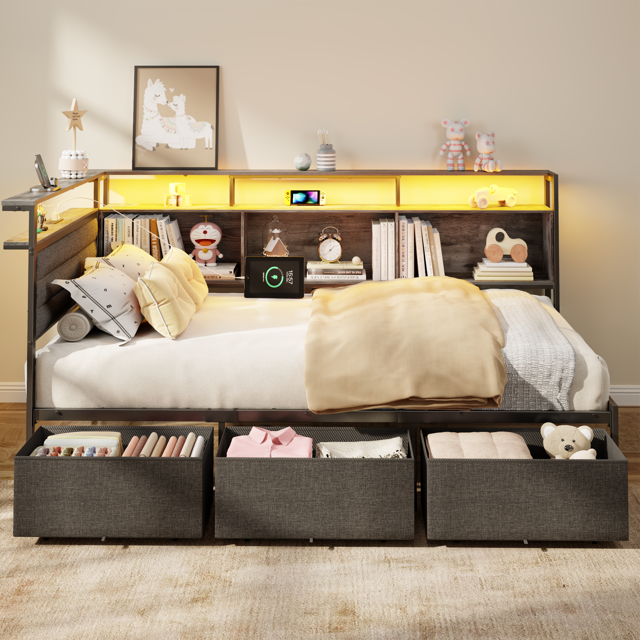 Twin Size Bed Frames Bed Frame with Storage Bookcase and LED Lights with Upholstered Headboard and Charging Station Twin Daybed with 3 Storage Drawers