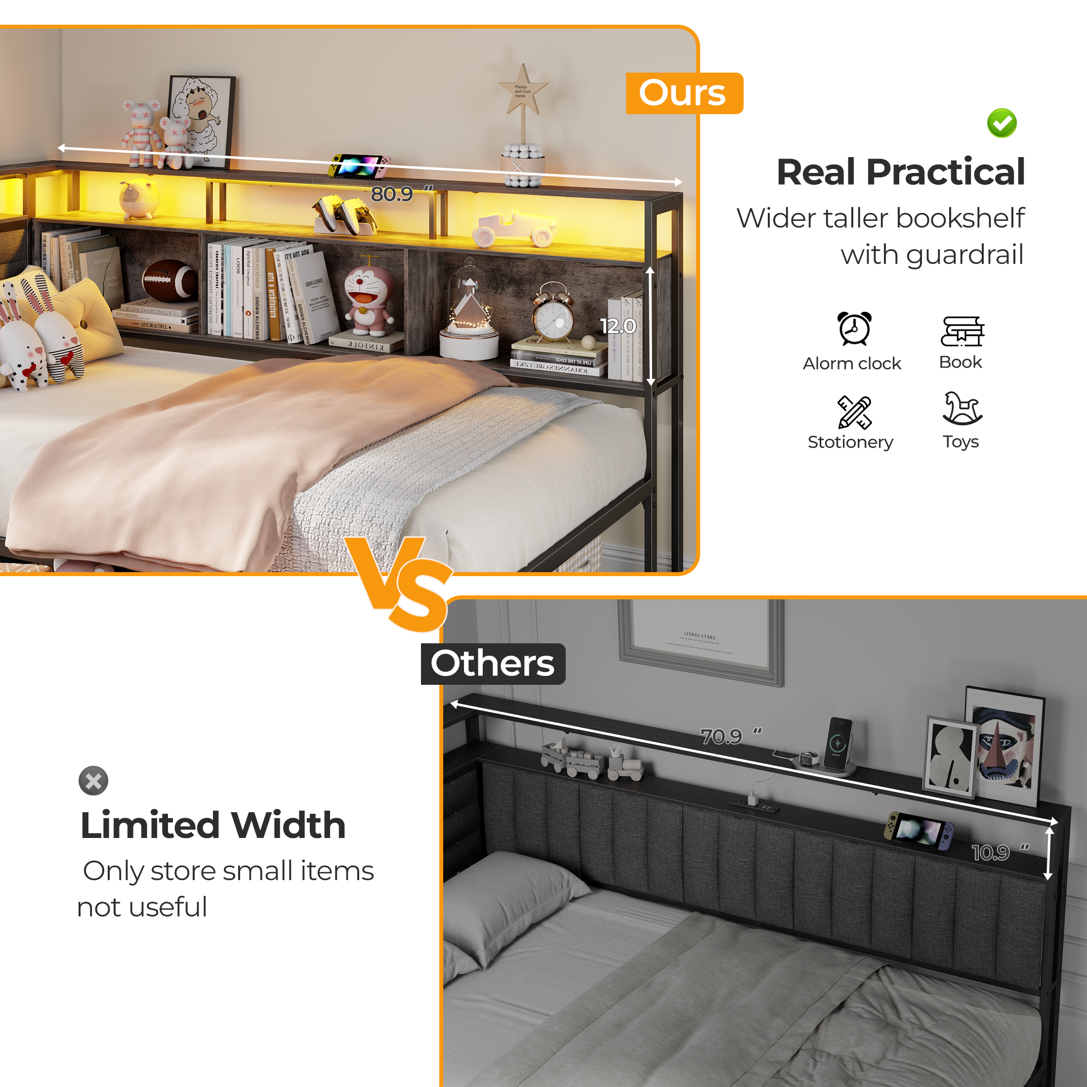 Twin Size Bed Frames Bed Frame with Storage Bookcase and LED Lights with Upholstered Headboard and Charging Station Twin Daybed with 3 Storage Drawers