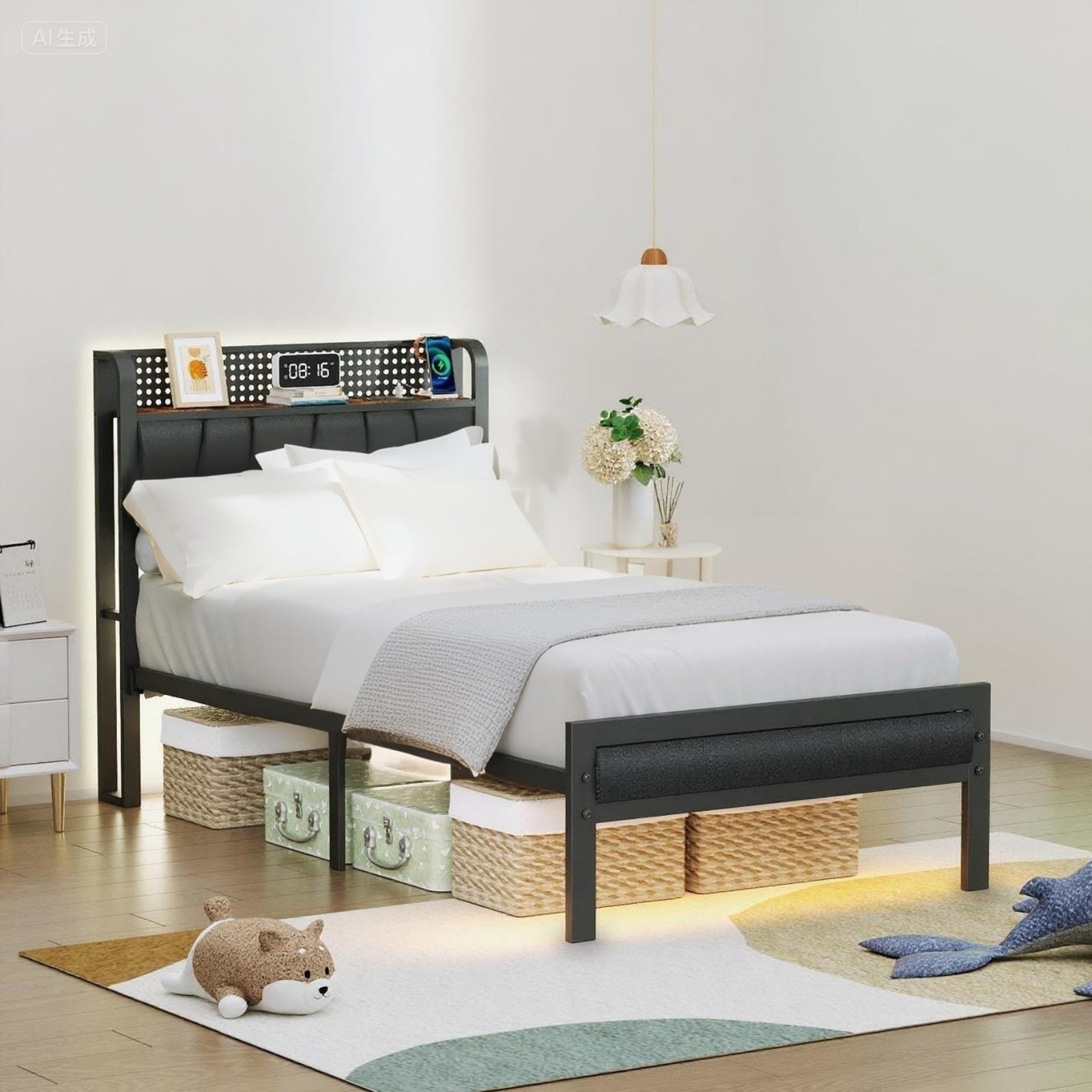 Furnulem LED Bed Frame with Upholstered Headboard and Charging Station