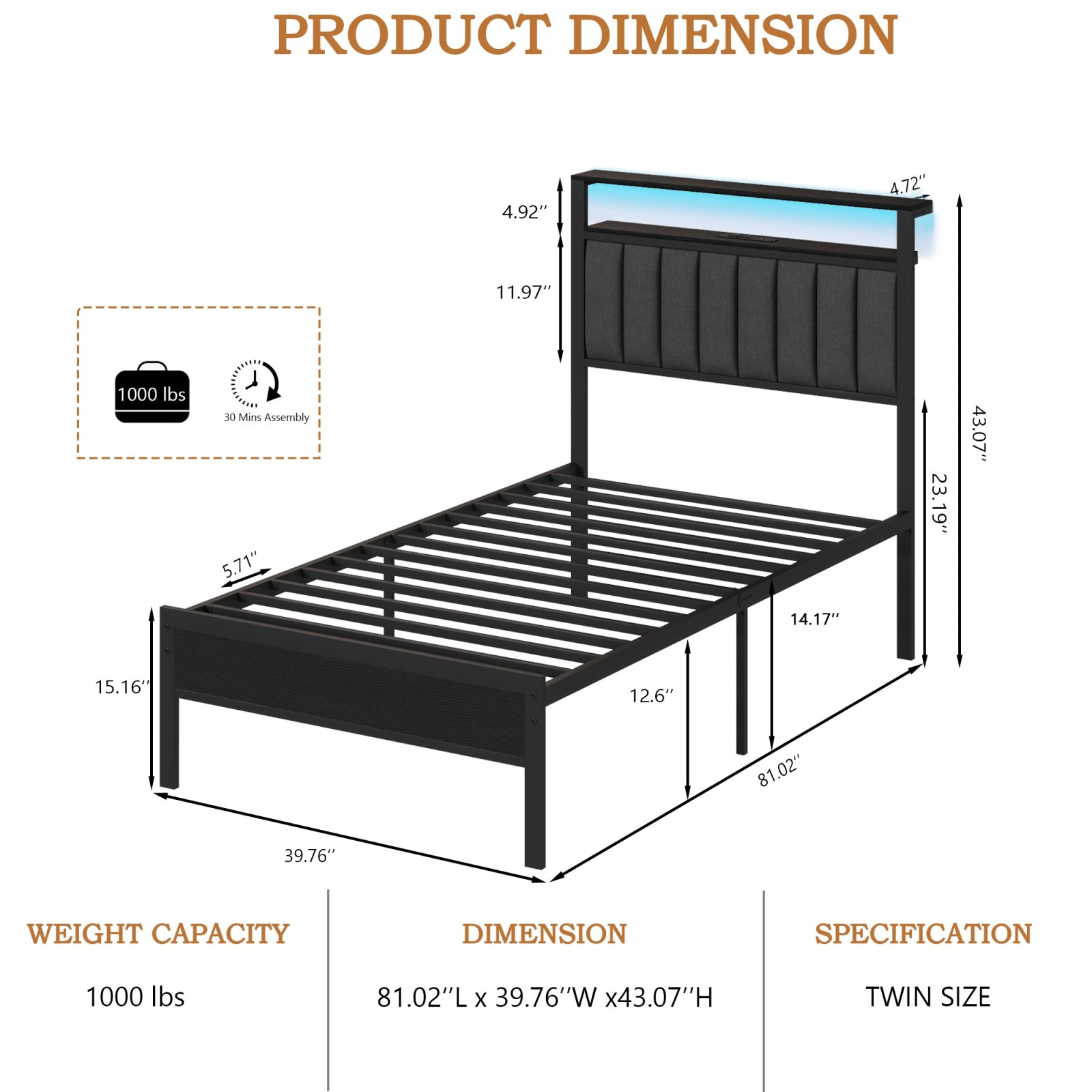 Furnulem Bed Frame with Charging Station, LED Lights & Storage Shelves – Metal Slats, No Box Spring