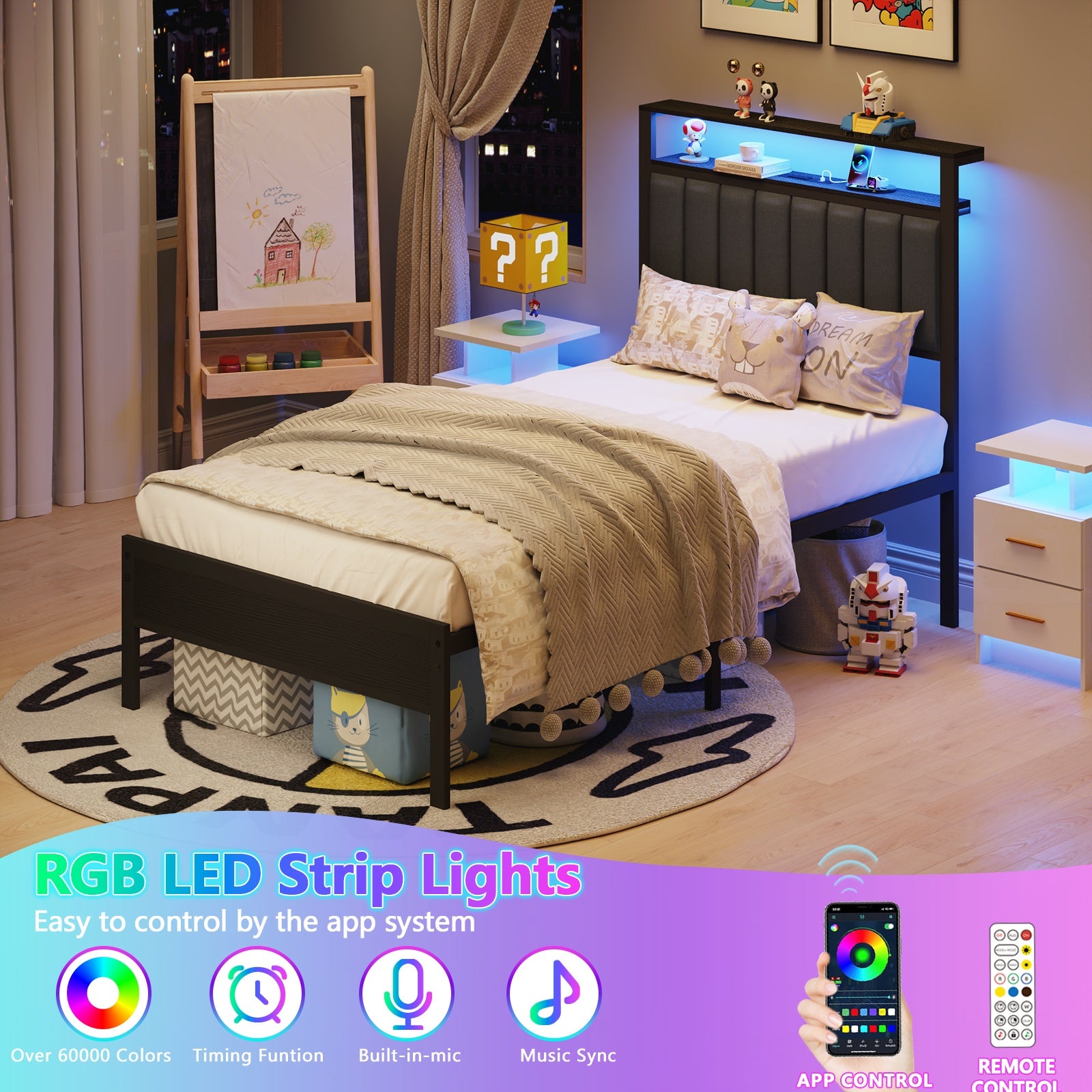 Furnulem Bed Frame with LED Lights, Charging Station & Storage