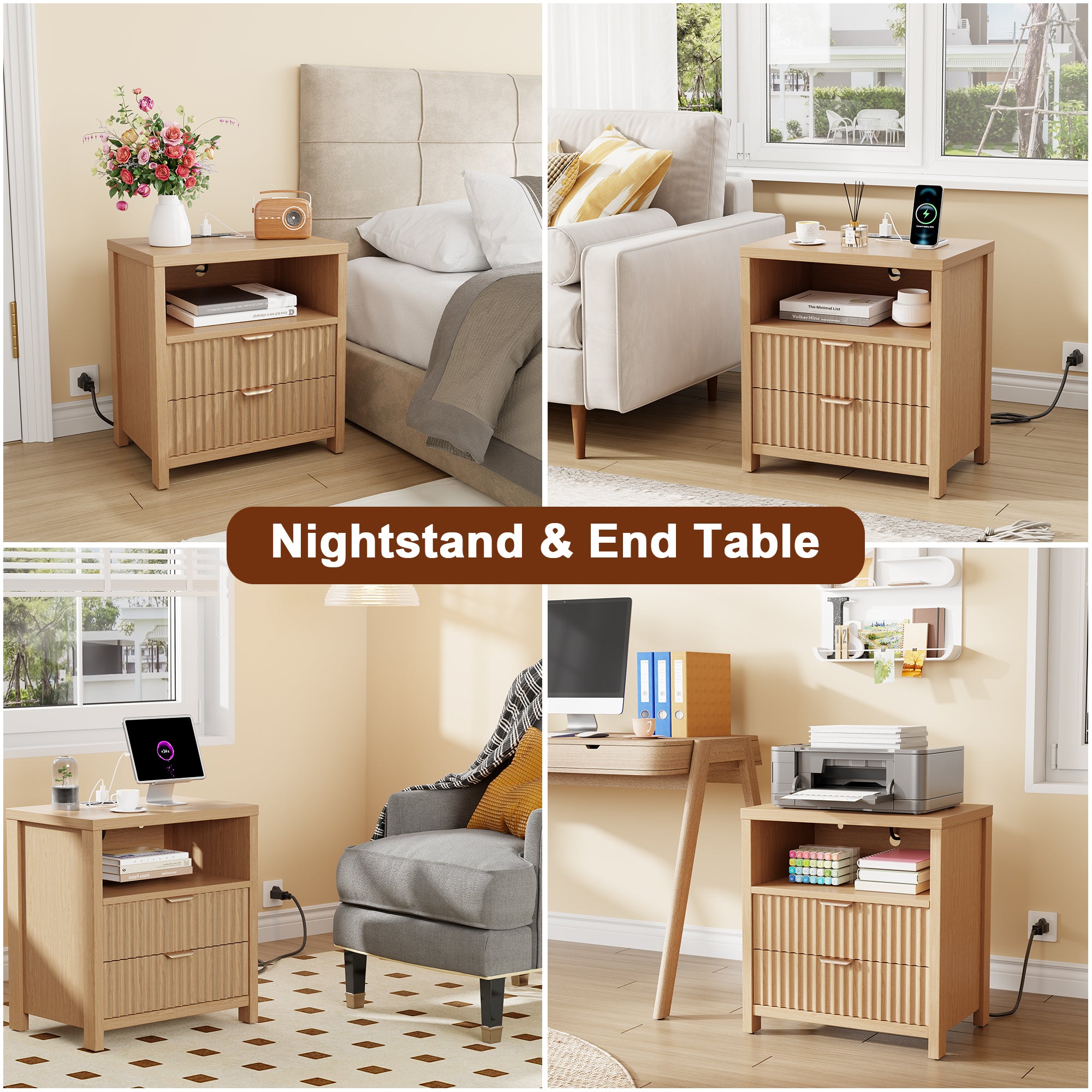 Nightstand with Charging Station Accent Night Stand with 2 Drawers and Storage Shelf Slide Drawer Bedside Table for Bedroom Natural Oak Thick Wood