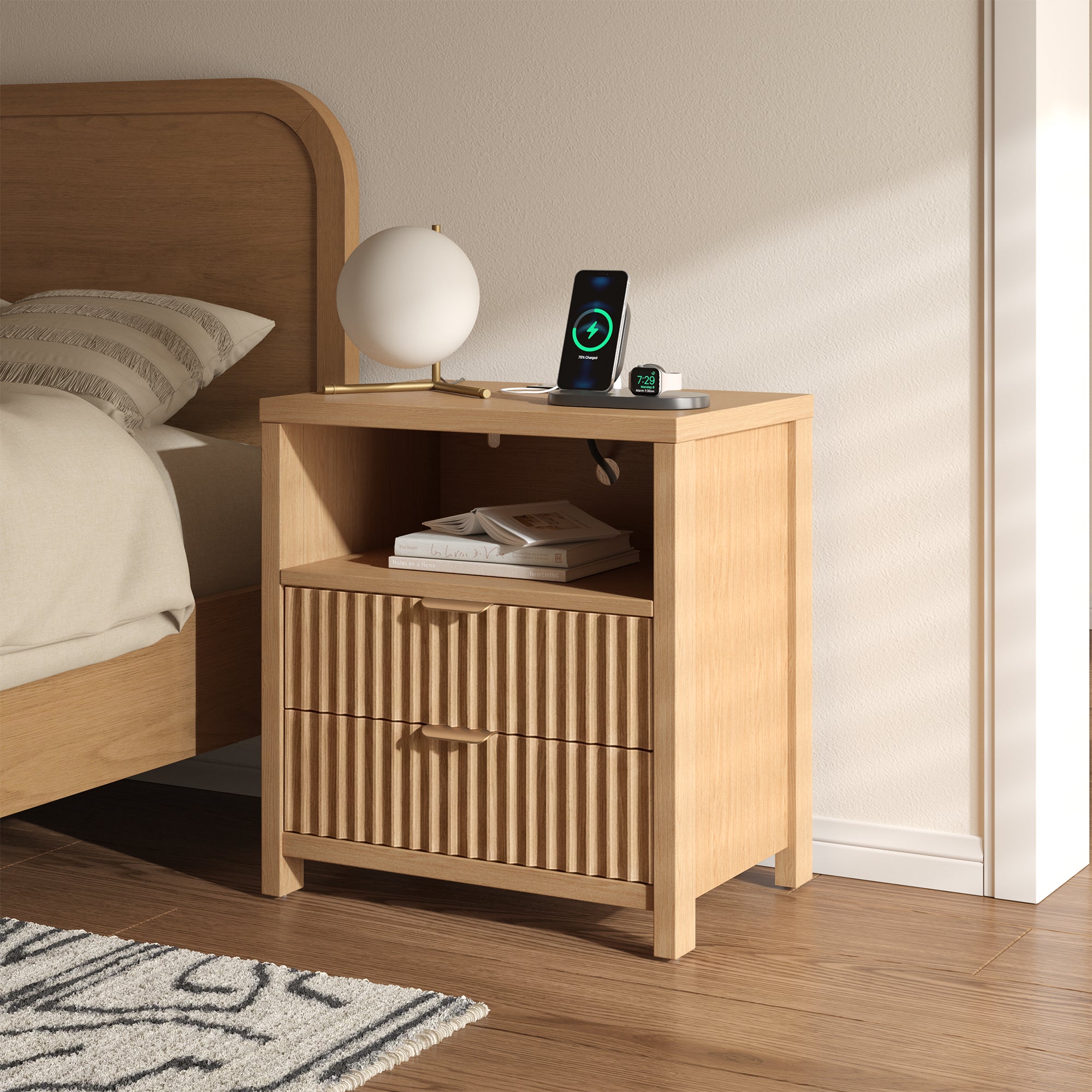 Nightstand with Charging Station Accent Night Stand with 2 Drawers and Storage Shelf Slide Drawer Bedside Table for Bedroom Natural Oak Thick Wood