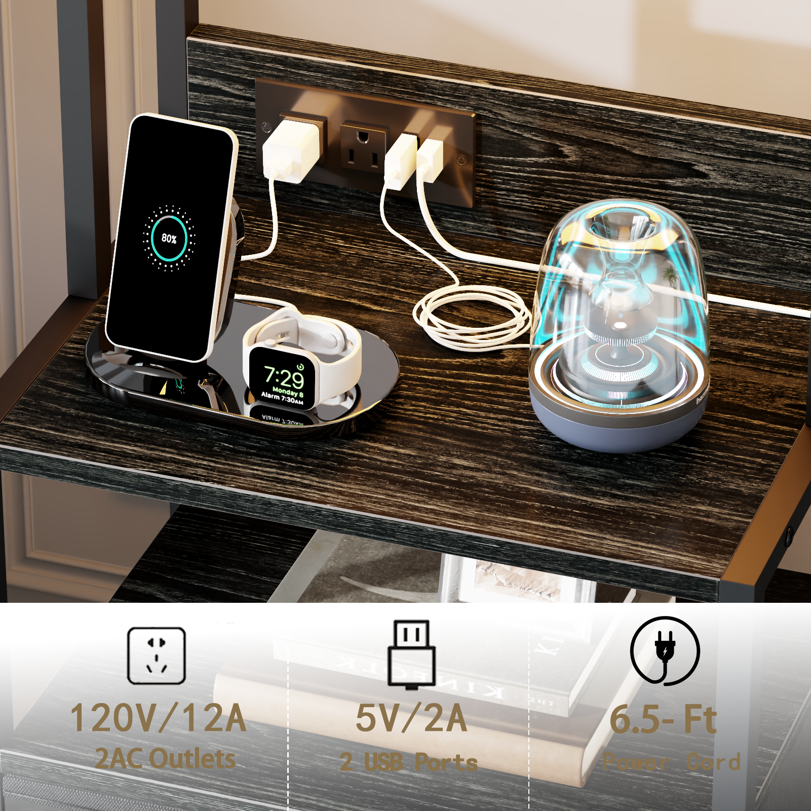 Furnulem Night Stand, Tall Nightstand with 4-Tier Shelves, 2 Fabric Drawers and Light Tube, Bed Side Tables with Charging Station, Bedside Table for Bedroom, Office, Rustic Brown