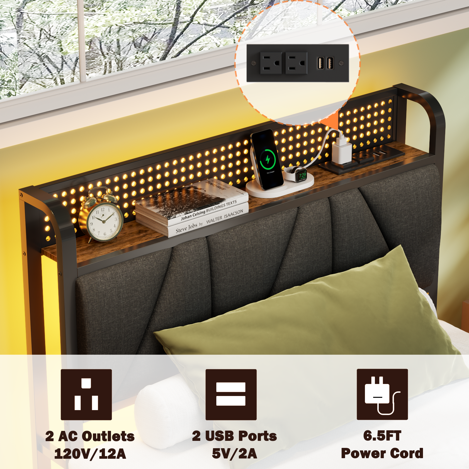 Furnulem Twin Size Bed Frame with Grey Upholstered Storage Headboard with Shelf, Metal Platform Bed with Heavy Duty Slats, No Box Spring Needed