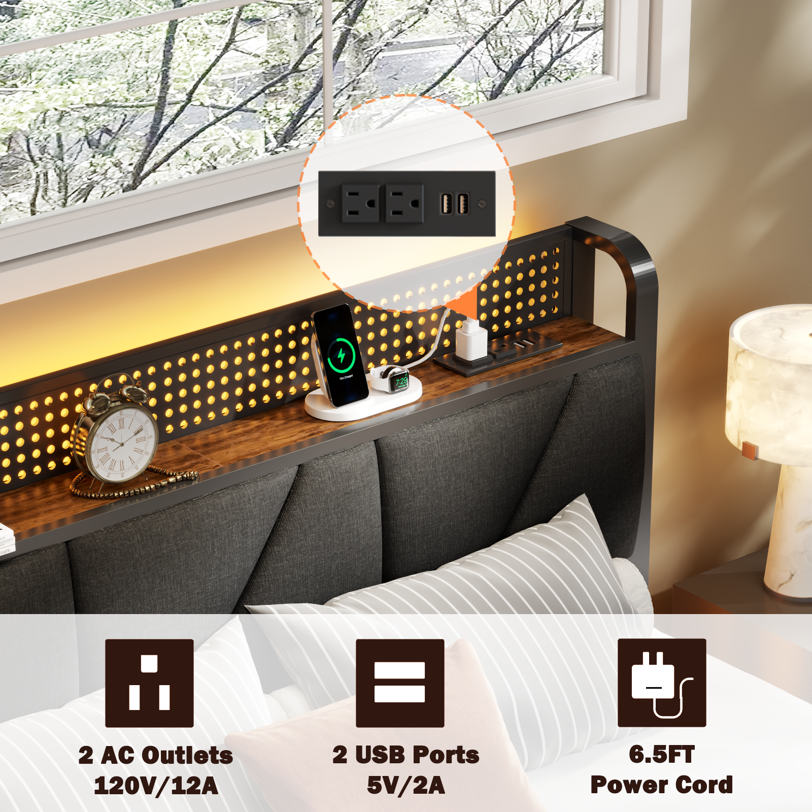 Furnulem Full Size Bed Frame with Grey Upholstered Storage Headboard with Shelf Metal Platform Bed with Heavy Duty Slats No Box Spring Needed