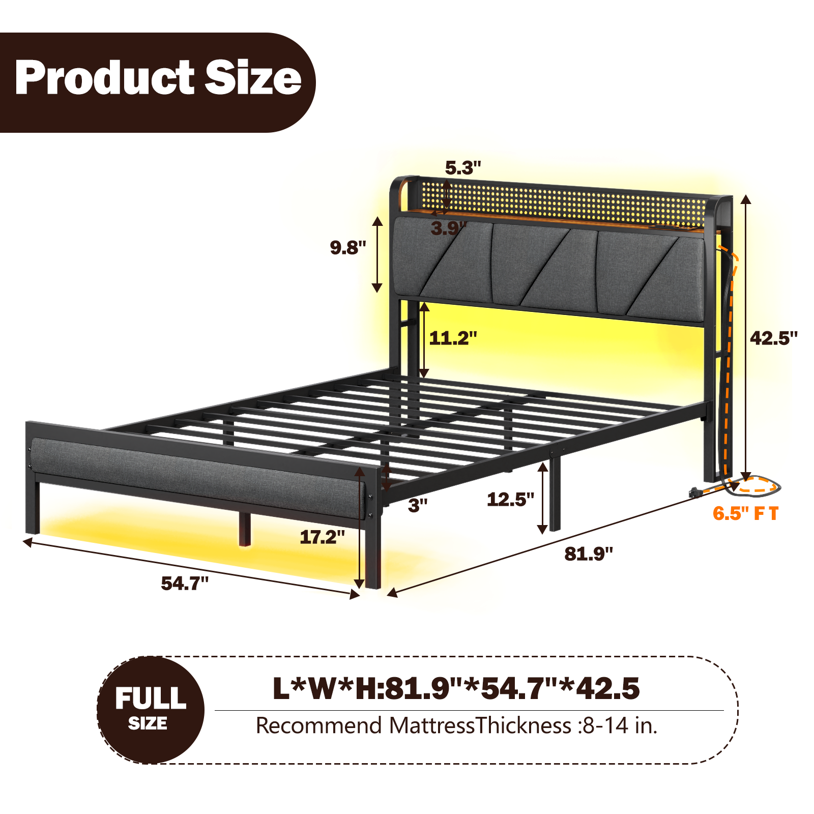 Full Size Platform Bed Frame Upholstered Headboard with LED Lights Charging Station Heavy Duty Metal Support No Box Spring Needed Gaming Bedroom