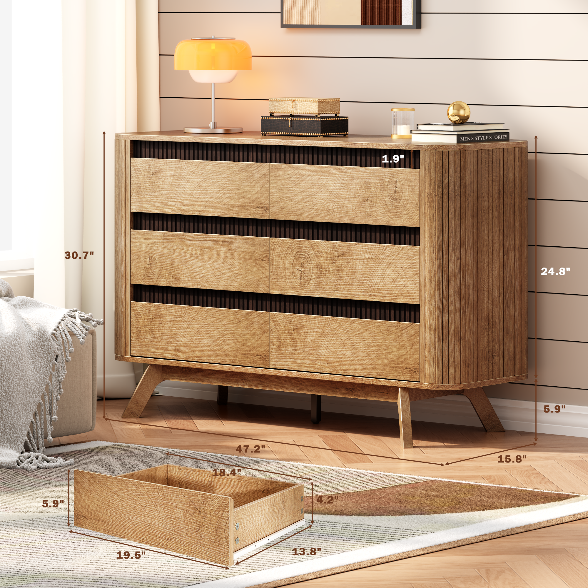 Qwatto 6 Drawer Dresser for Bedroom 47.2" Wide Fluted Chest of Drawers Modern Curved Design Clothes Storage Organizer Hallway Room Natural Oak Finish