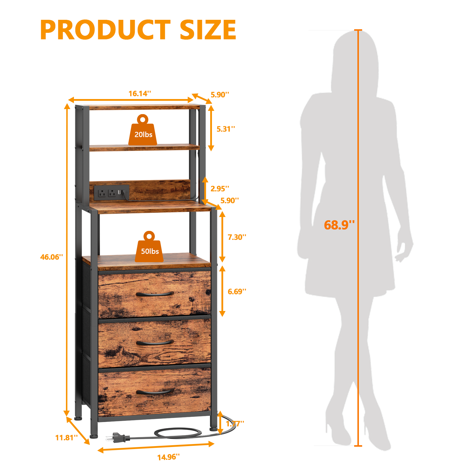 Tall Brown Nightstand 4 Tier Storage Shelves 3 PU Fabric Drawers Modern Bedside Table Narrow Accent Side End Table Organizer for Bedroom Living Room