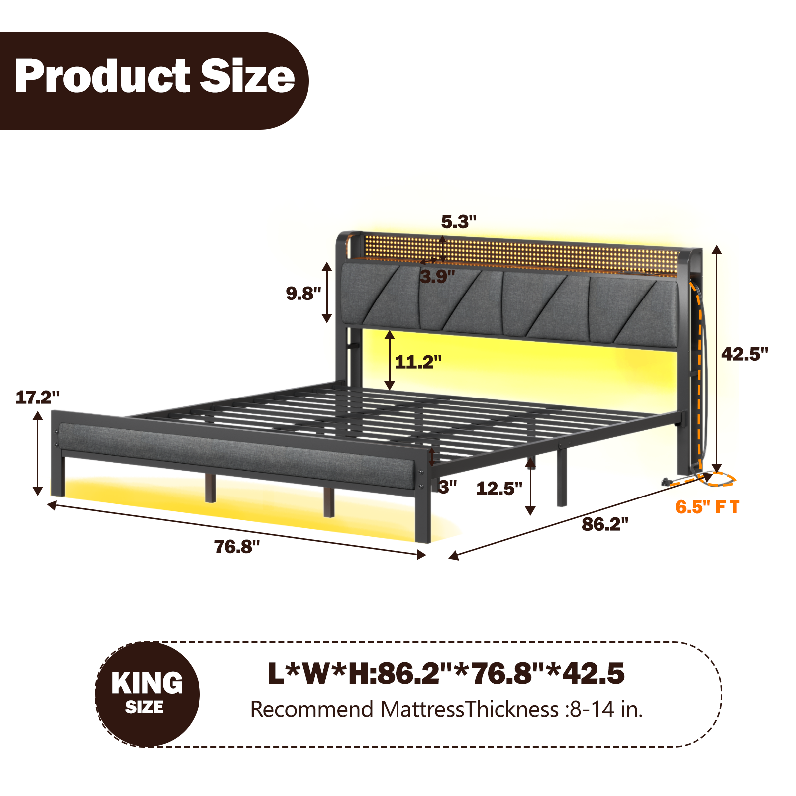 Furnulem King Bed Frame with Headboard and LED Light Upholstered Platform with Power Outlet and USB Port Bed with Metal Support and Footboard