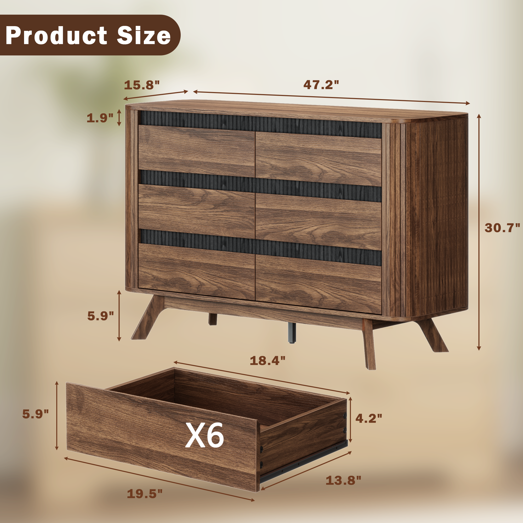 Wood 6 Drawer Double Dresser Wide Storage Chest Curved Roller Shutter Design Modern Bedroom Furniture Living Room Organizer Cabinet