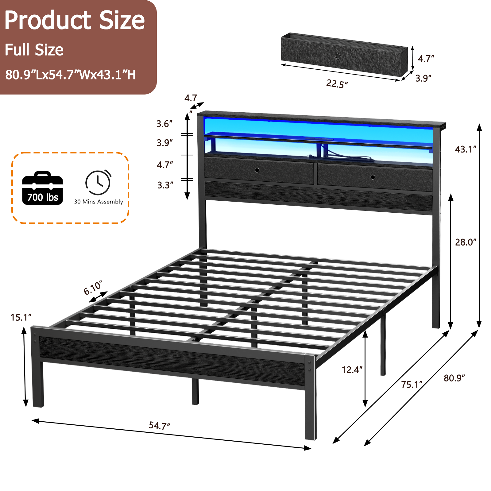 Black Oak Full Size Bed Frame With LED Lights Charging Station Storage Headboard 2 Fabric Drawers Metal Platform No Box Spring Needed Bedroom Teen