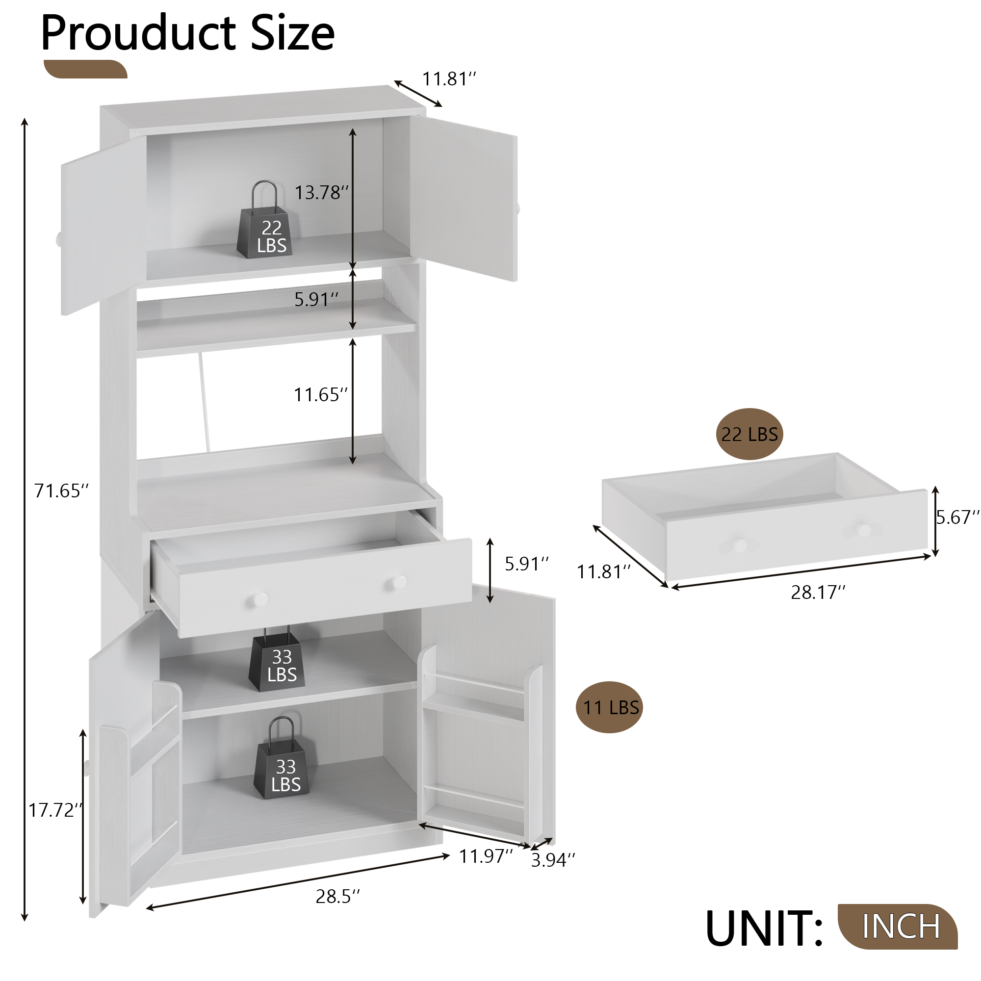 Qwatto 71'' Kitchen Pantry Storage Cabinet Farmhouse Freestanding Microwave Stand with Hutch Doors and Drawers for Dining Room and Coffee Bar