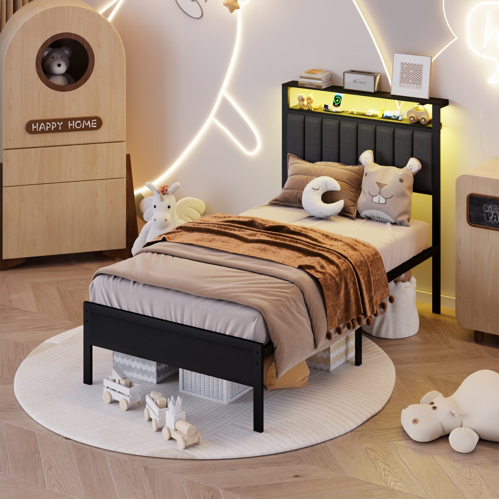 Furnulem Full and Queen Size Bed Frame with Charging Station and LED Lights, Platform Bed with Metal Slats, Grey Upholstered Headboard with 2-Tier Storage Shelves, No Box Spring Needed