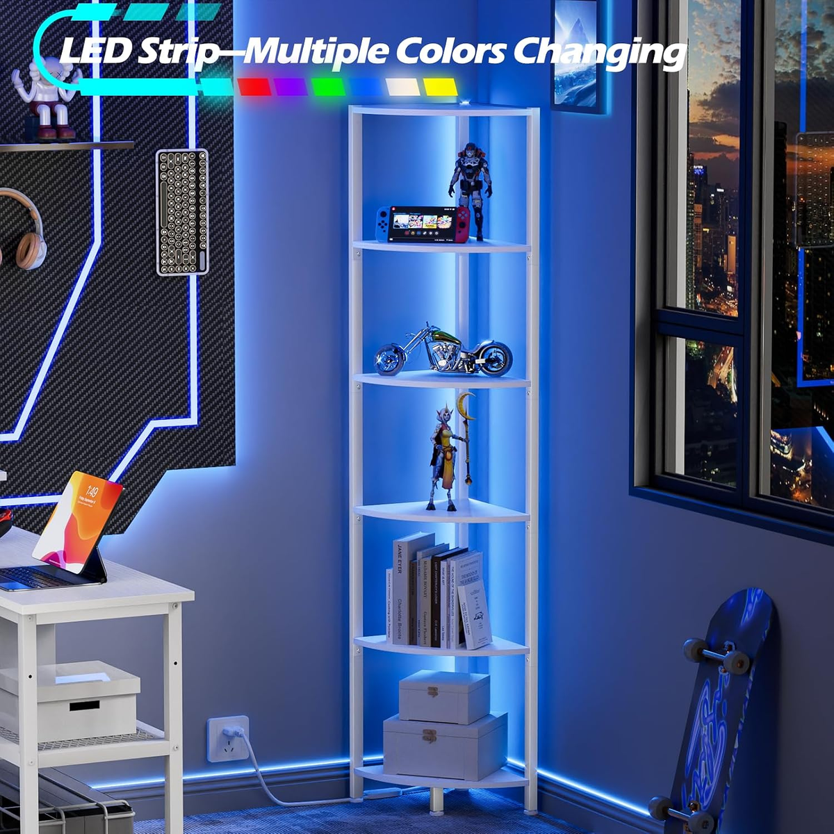 6 Tier Corner Shelf with LED Light, 67.5" White Narrow Bookshelf
