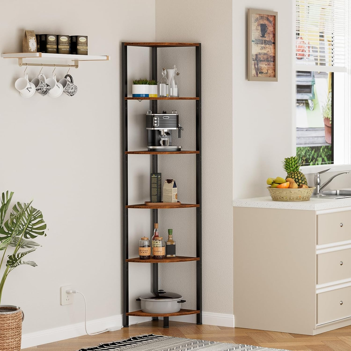 6 Tier Corner Shelf with LED Light, 67.5" Corner Narrow Bookshelf