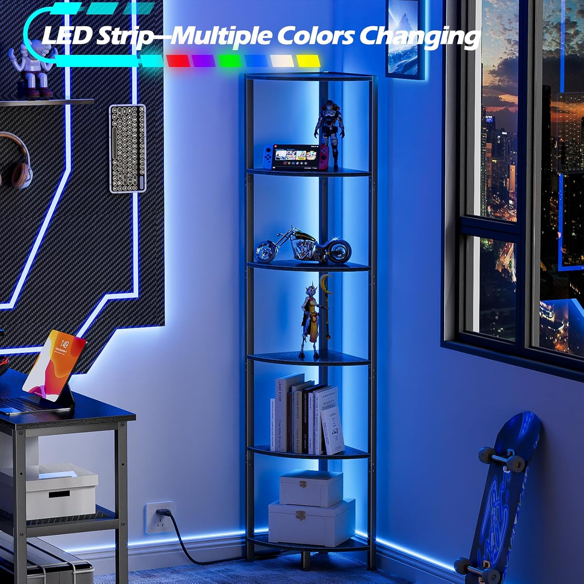 6 Tier Corner Shelf with LED Light, 67.5" Black Narrow Bookshelf