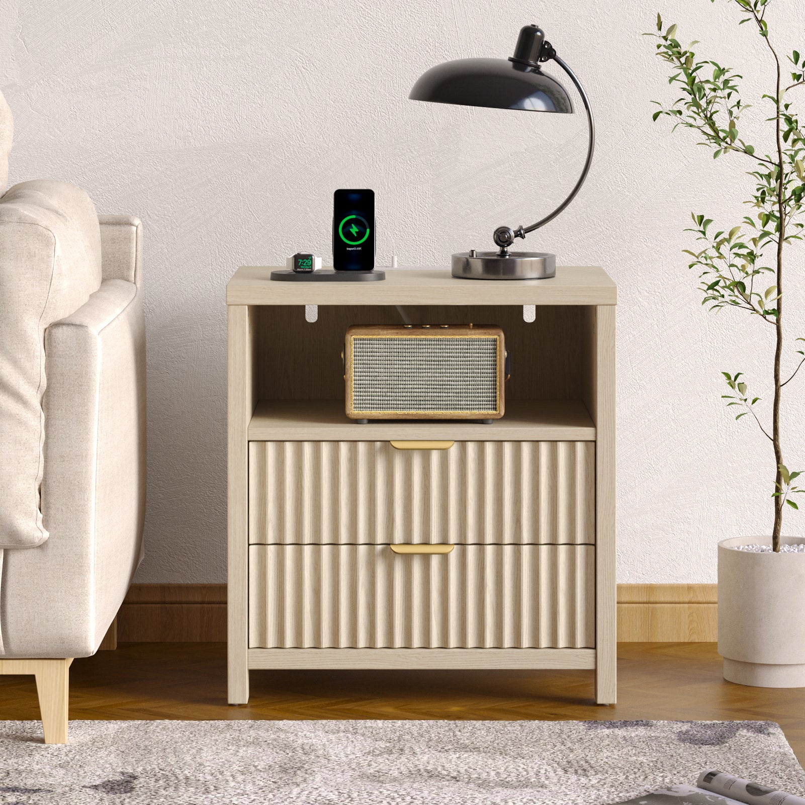 Nightstand with Charging Station Accent Night Stand with 2 Drawers and Storage Shelf Slide Drawer Bedside Table for Bedroom Natural Oak Thick Wood