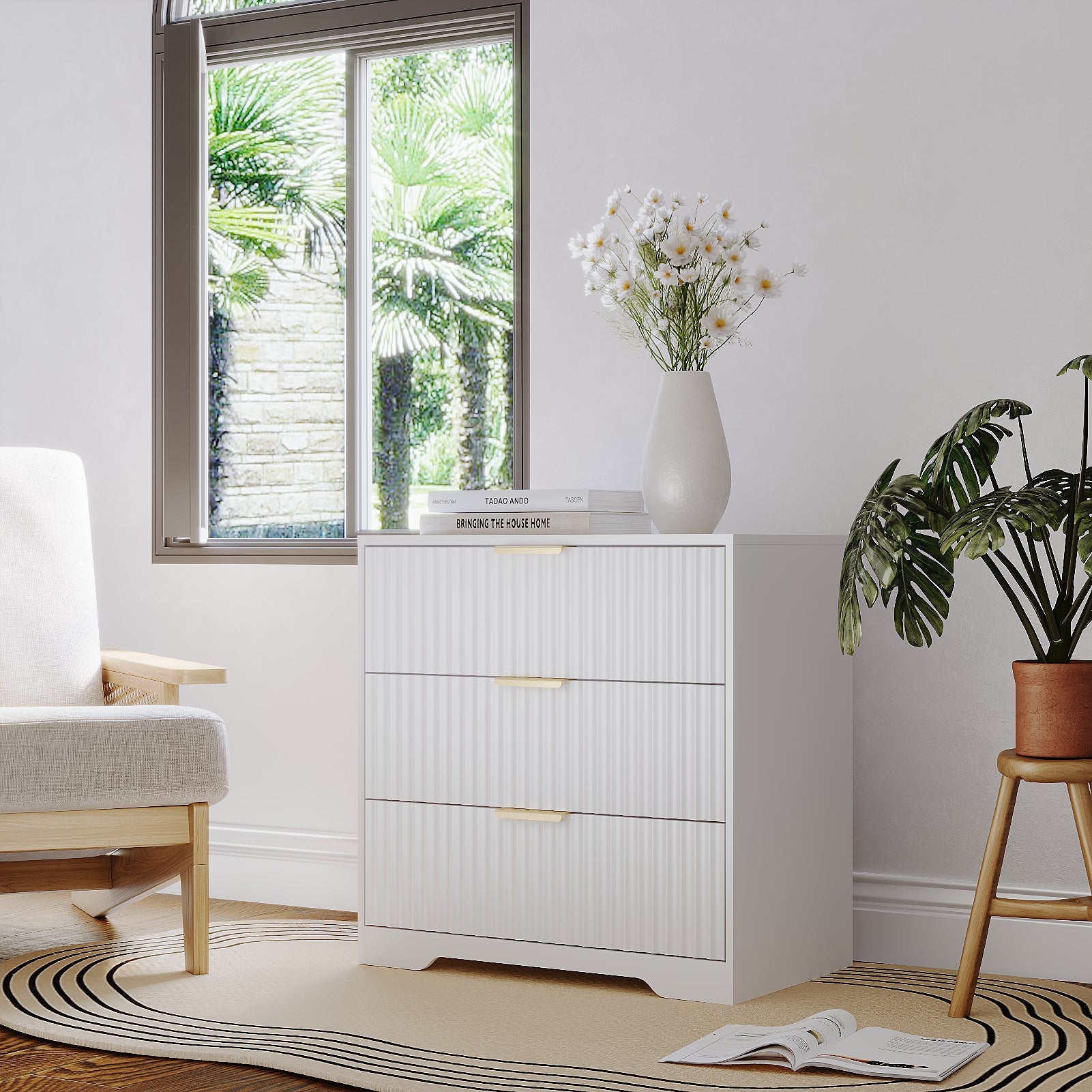 Large White Fluted Nightstand 3 Drawer Bedside Table Wood Modern Farmhouse Accent Cabinet Wide Storage Chest For Bedroom 27 Inch End Table Dresser