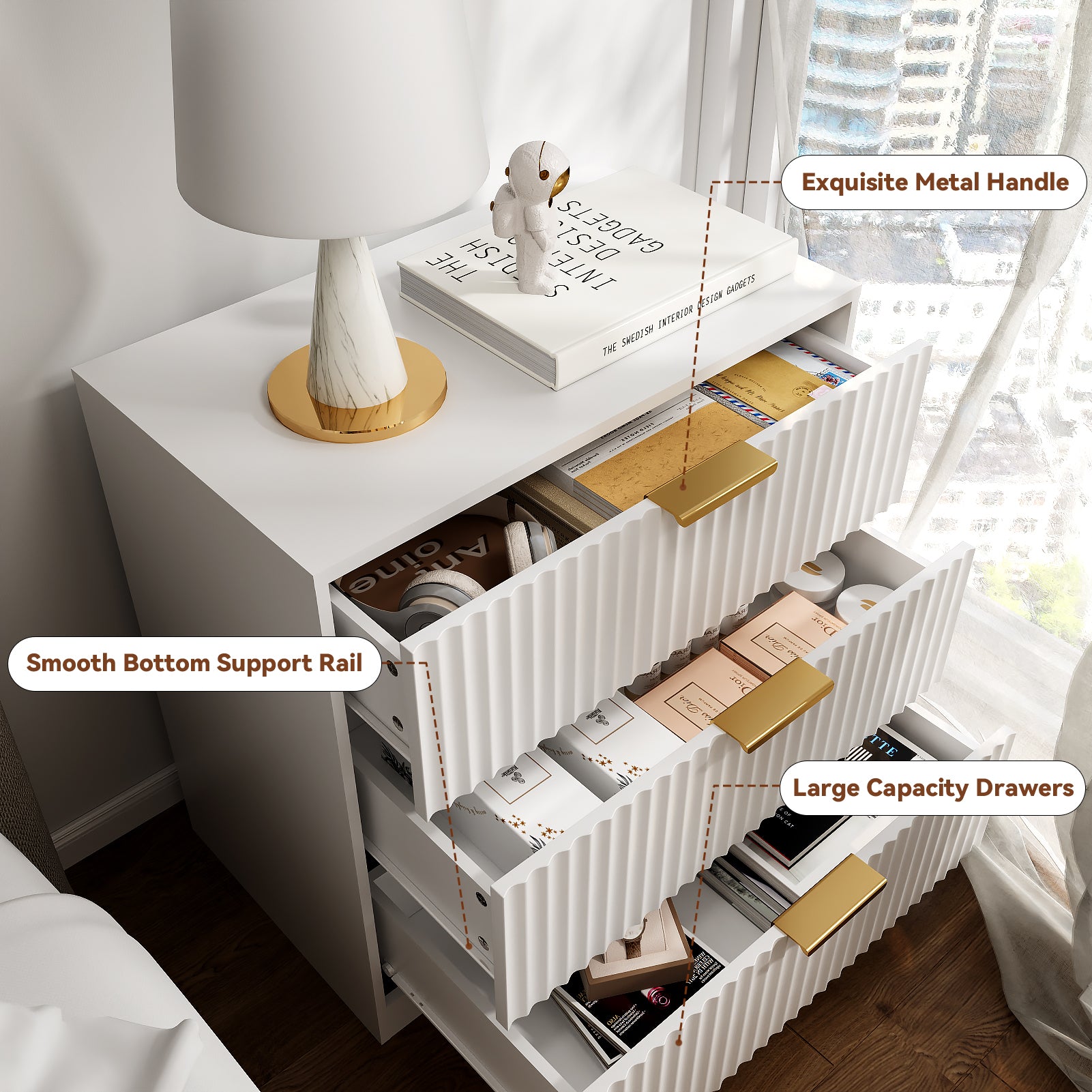 27-in Wide Fluted Night Stand 3 Drawers Large End Table with Storage White Nightstand Wood Bedside Tables Farmhouse Cabinet Dresser for Bedroom Closet