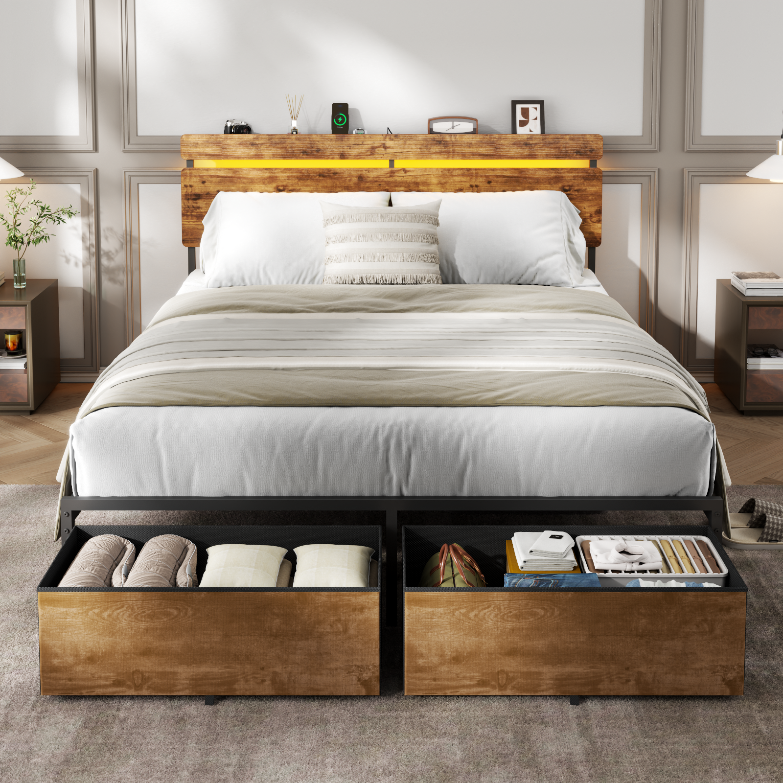 Vintage Brown Queen Bed Frame LED Lights Charging Station Storage Headboard Shelf 2 Drawers Industrial Rustic Wood Metal Heavy Duty No Box Spring