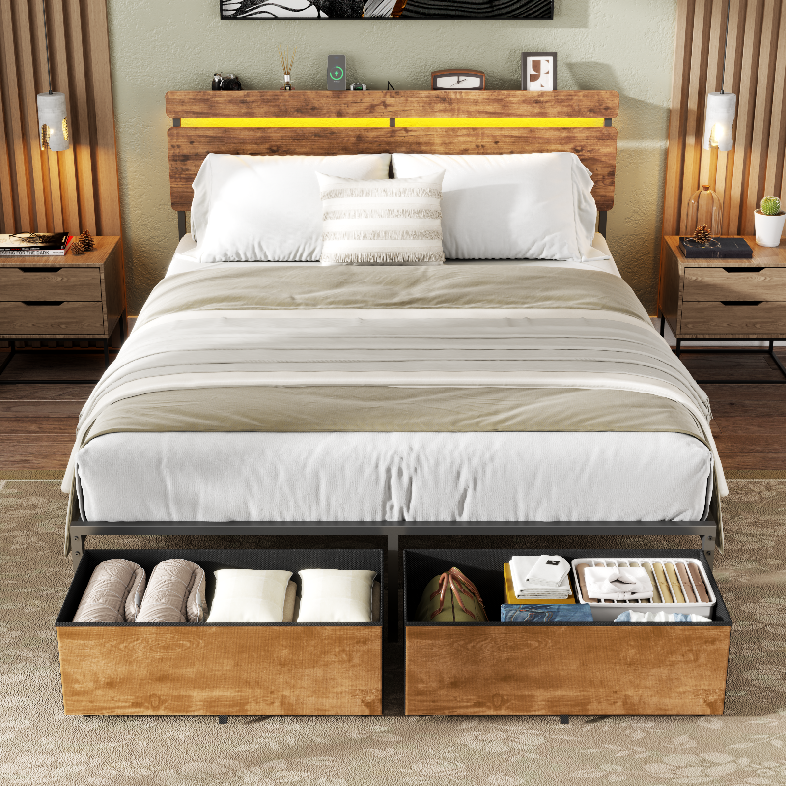 Queen Bed Frame with Wood Headboard Metal Platform Bed with 2 Storage Drawers Shelf Built-in Charging Station LED Lights No Box Spring Needed