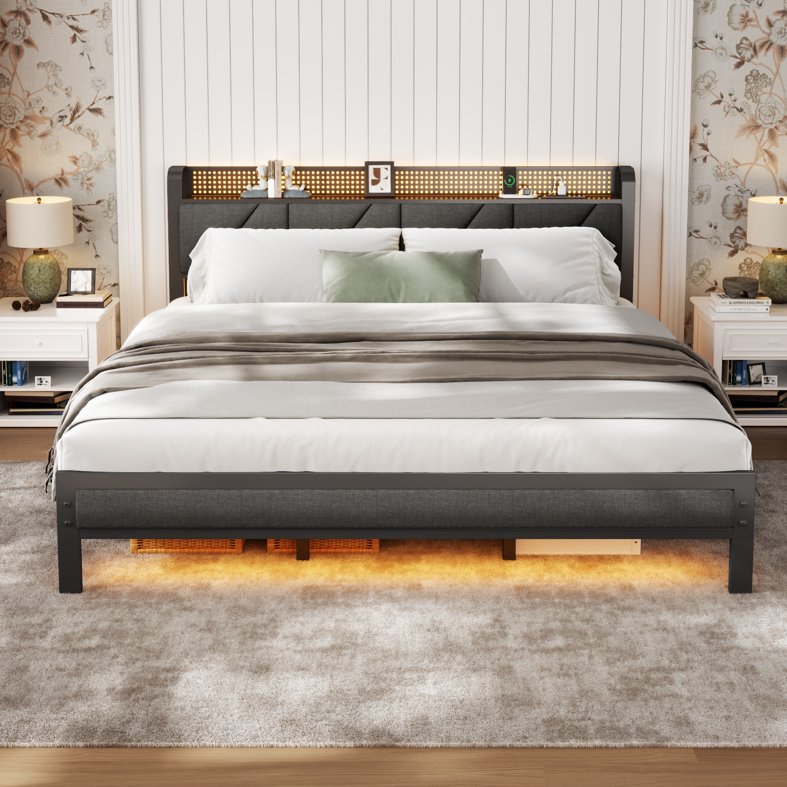 King Size Metal Platform Bed Frame Upholstered Headboard Footboard LED Lights Charging Station Heavy Duty Support No Box Spring Needed USB