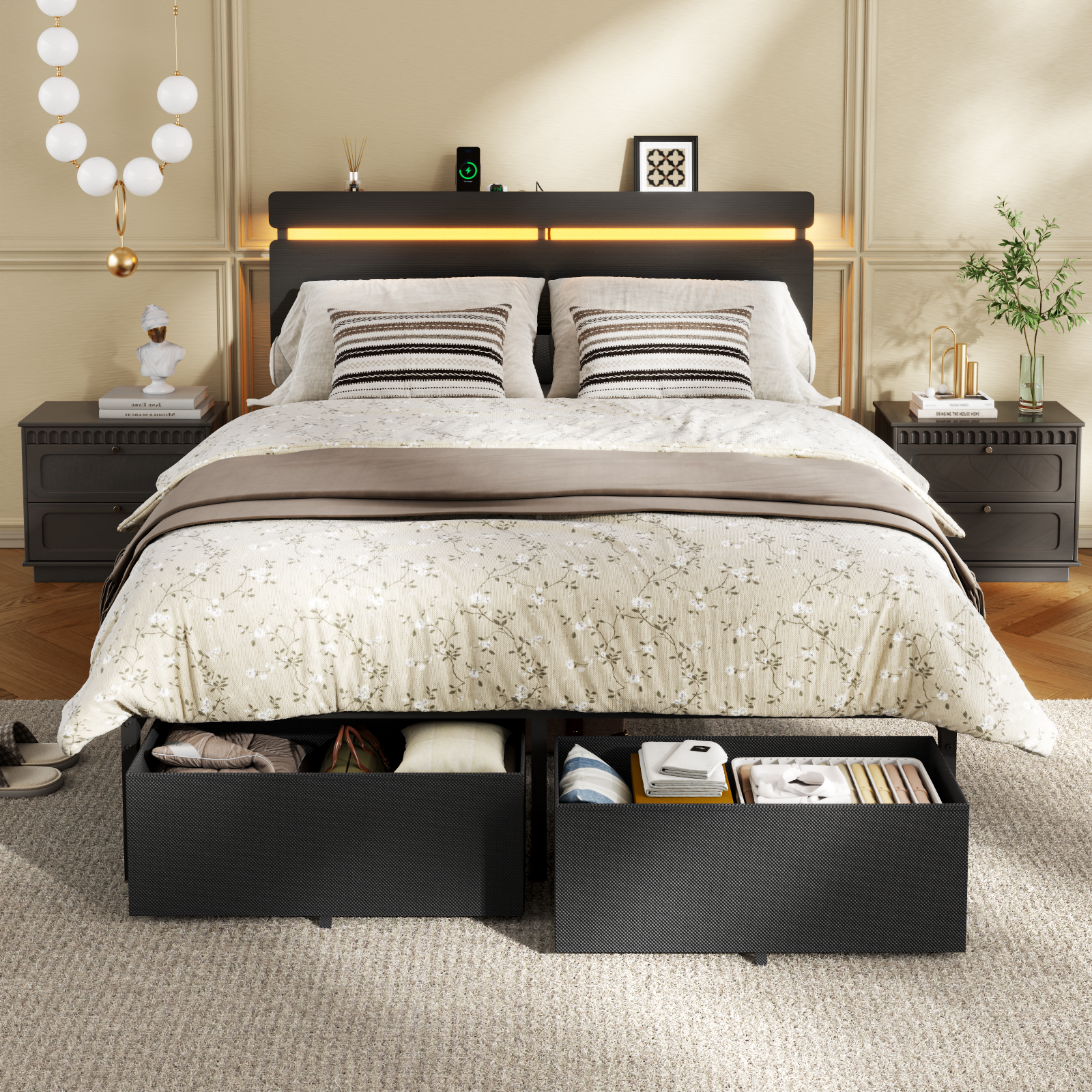 Full Size Bed Frame with Wood Headboard Black Platform Bed with 2 Storage Drawers Shelf Built in Charging Station LED Lights No Box Spring Needed