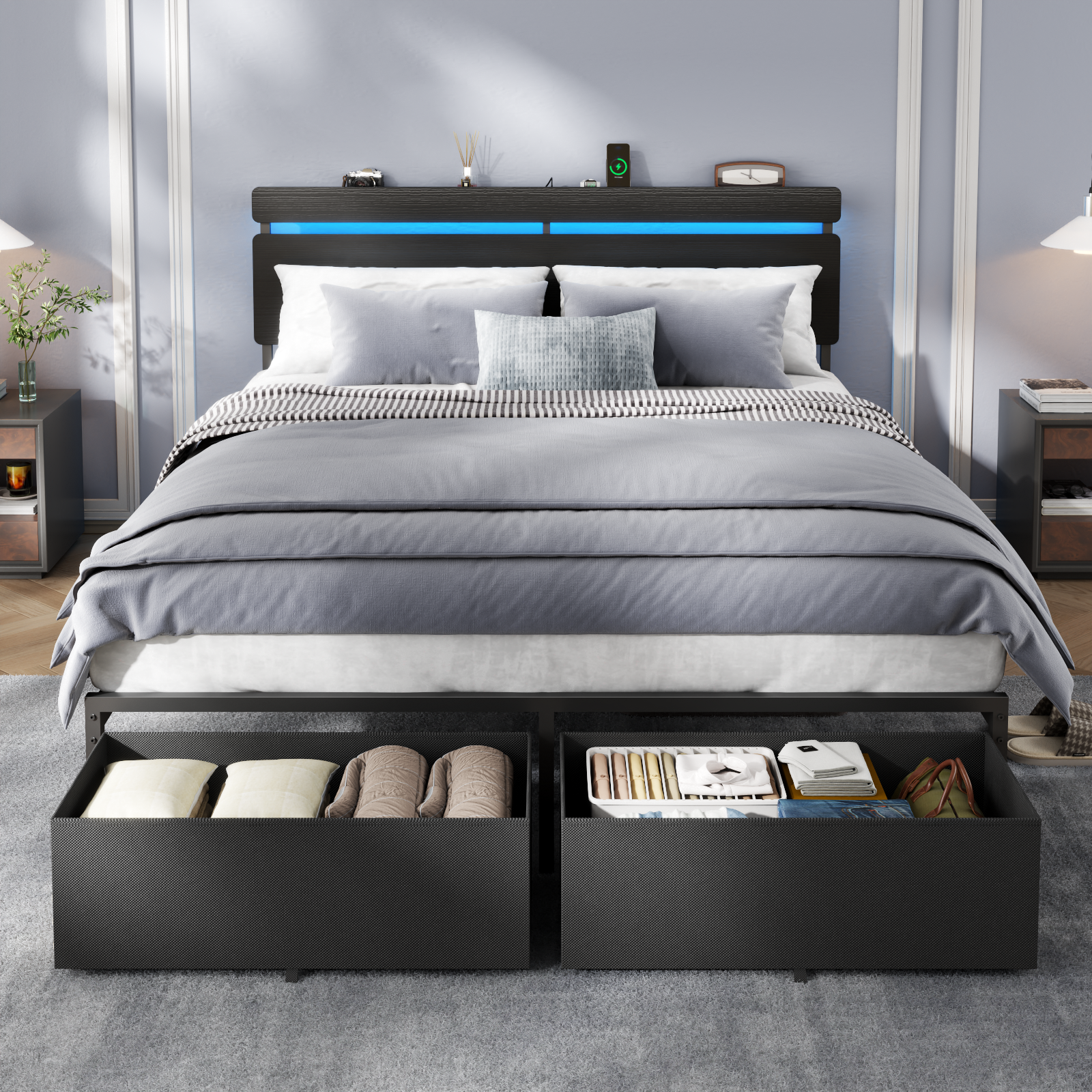Queen Size Bed Frame with Storage Headboard Shelf 2 Drawers LED Lights Charging Station Industrial Metal Platform Wood No Box Spring Needed