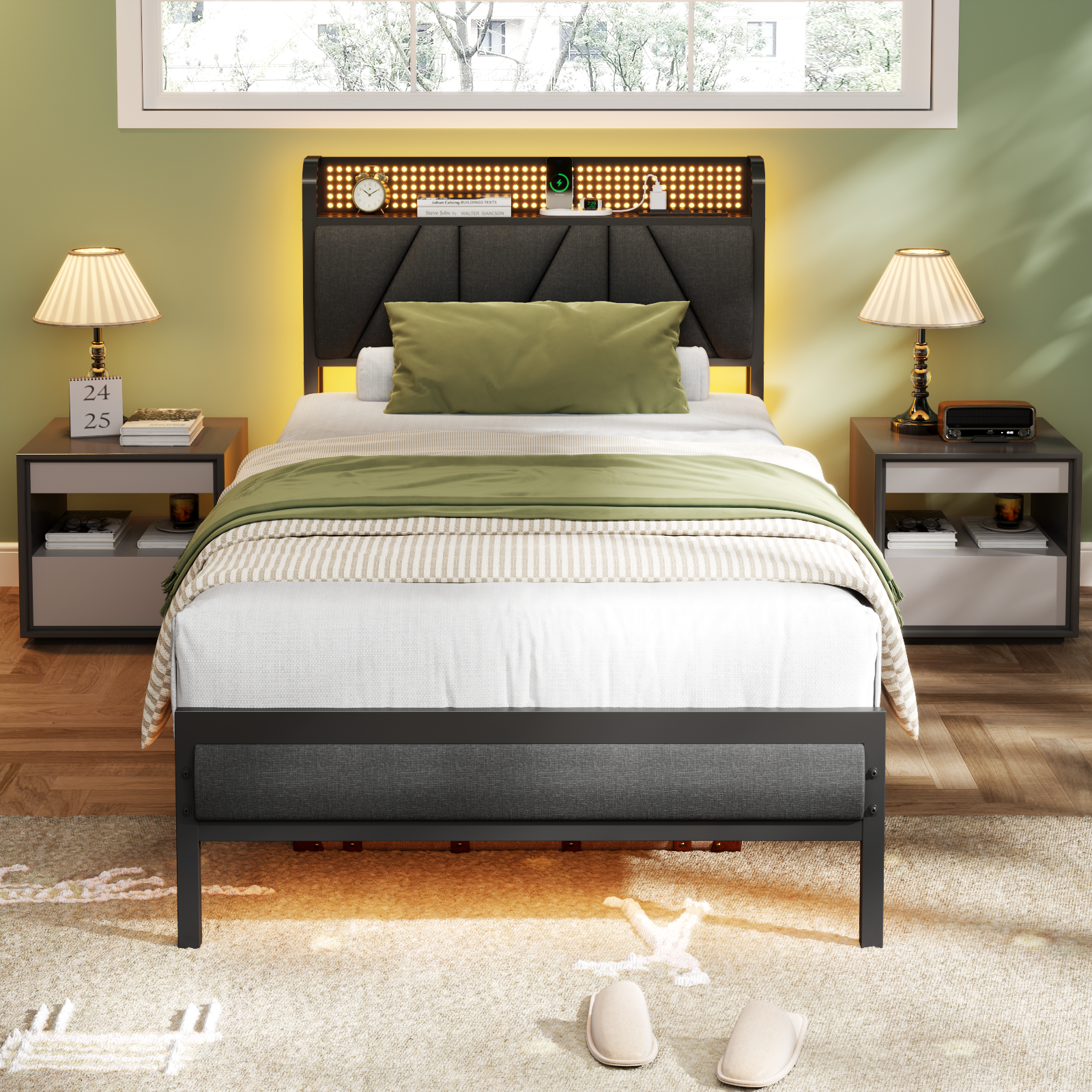 Twin Size Metal Smart Bed Frames with Upholstered Headboard, LED Lights, USB Ports and Outlets, Storage Shelves & Underbed