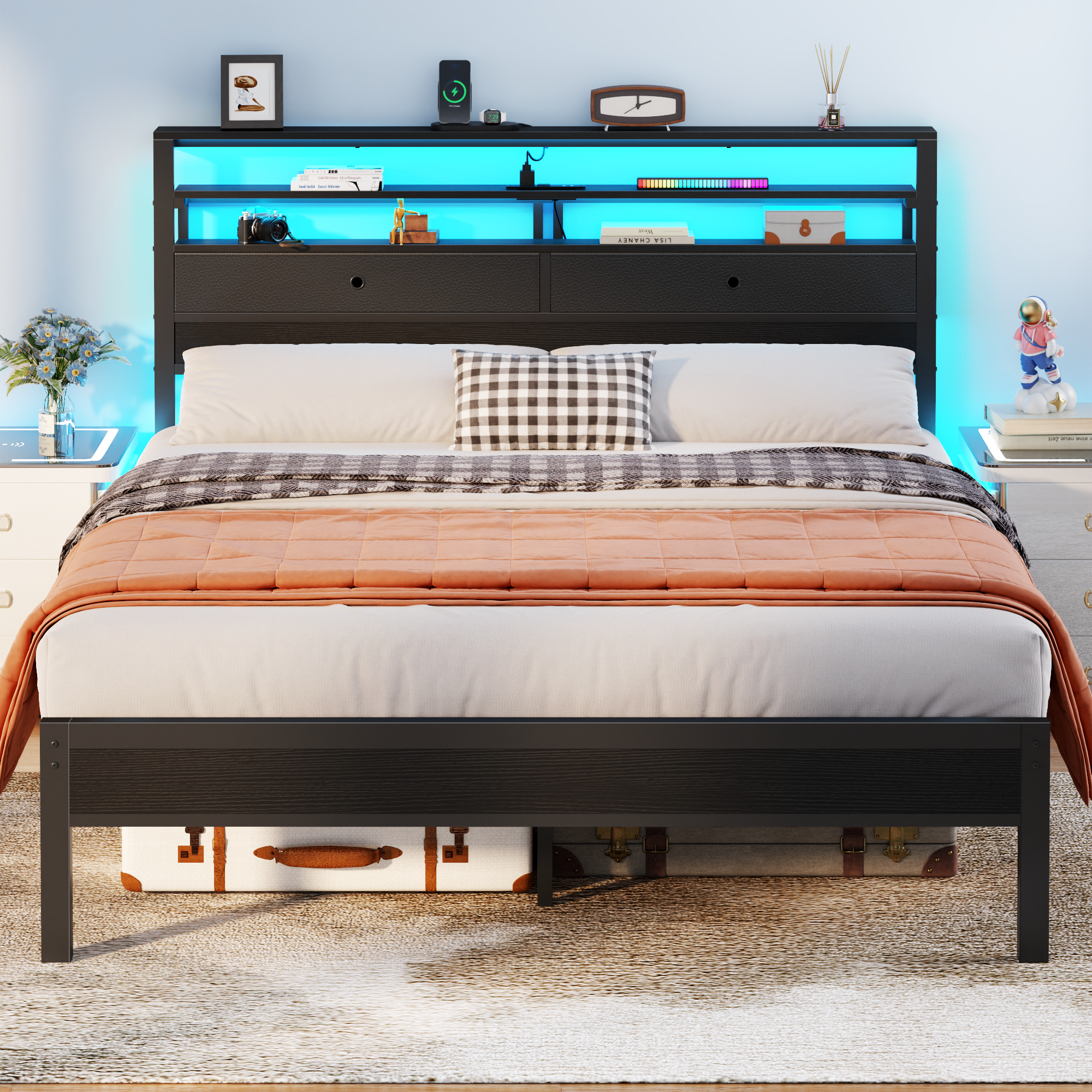 Furnulem Platform Bed Frame with LED Lights, Charging Station, Storage Drawers & Wood Headboard – No Box Spring Needed, Black Oak