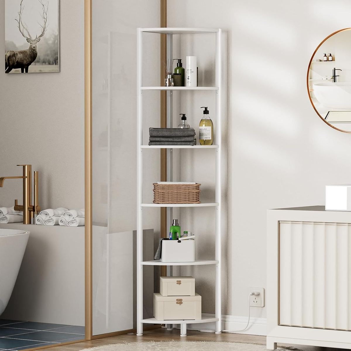 6 Tier Corner Shelf with LED Light, 67.5" White Narrow Bookshelf