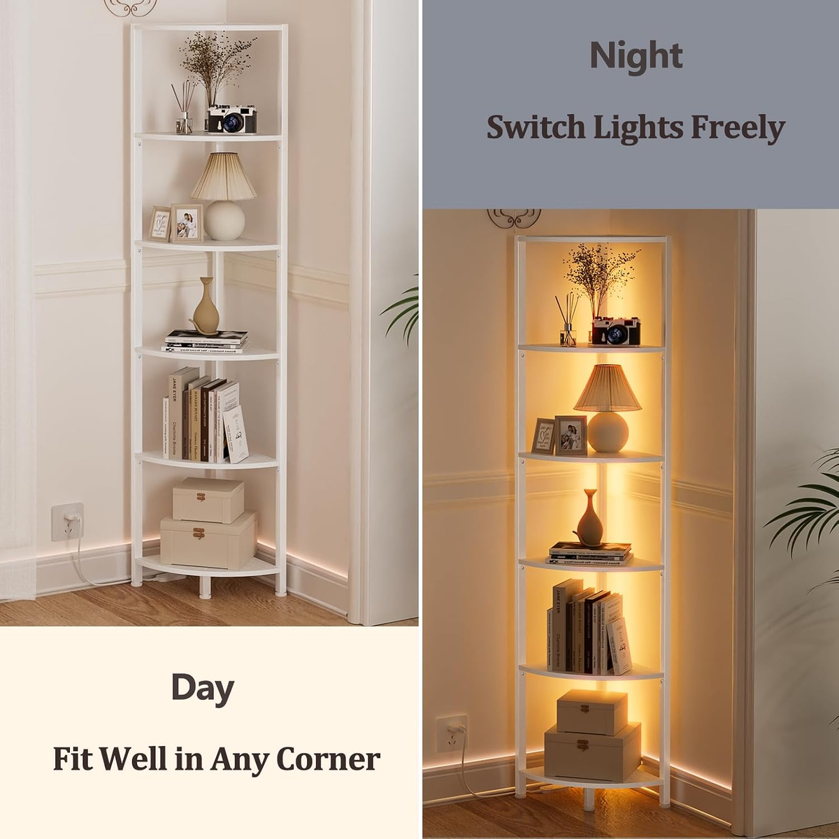 6 Tier Corner Shelf with LED Light, 67.5" White Narrow Bookshelf