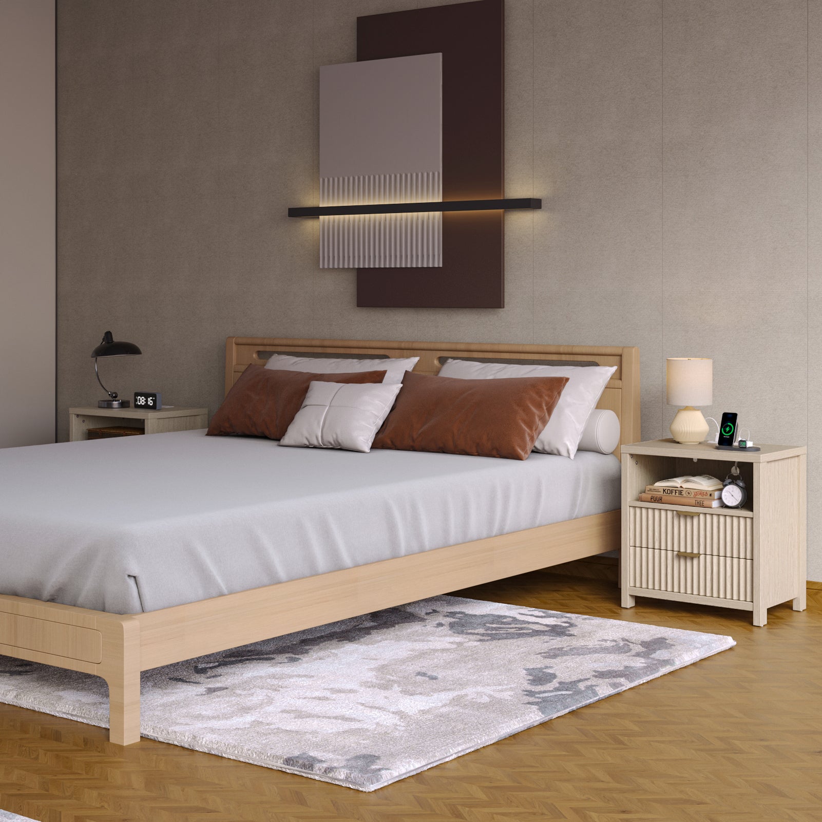 Modern Fluted Bedside Table with Charging Station 19.7 Inch Nightstand 2 Wood Slide Drawers Open Shelf Metal Handle Wood Legs Bedroom End Table Decor