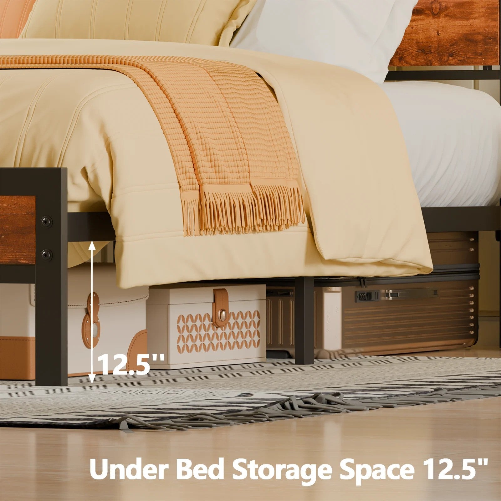 RGB LED Strip Platforrm Bed Frames with Headboard Metal, Storage Shelves & Underbed, Niose Free, No Box Spring Needed