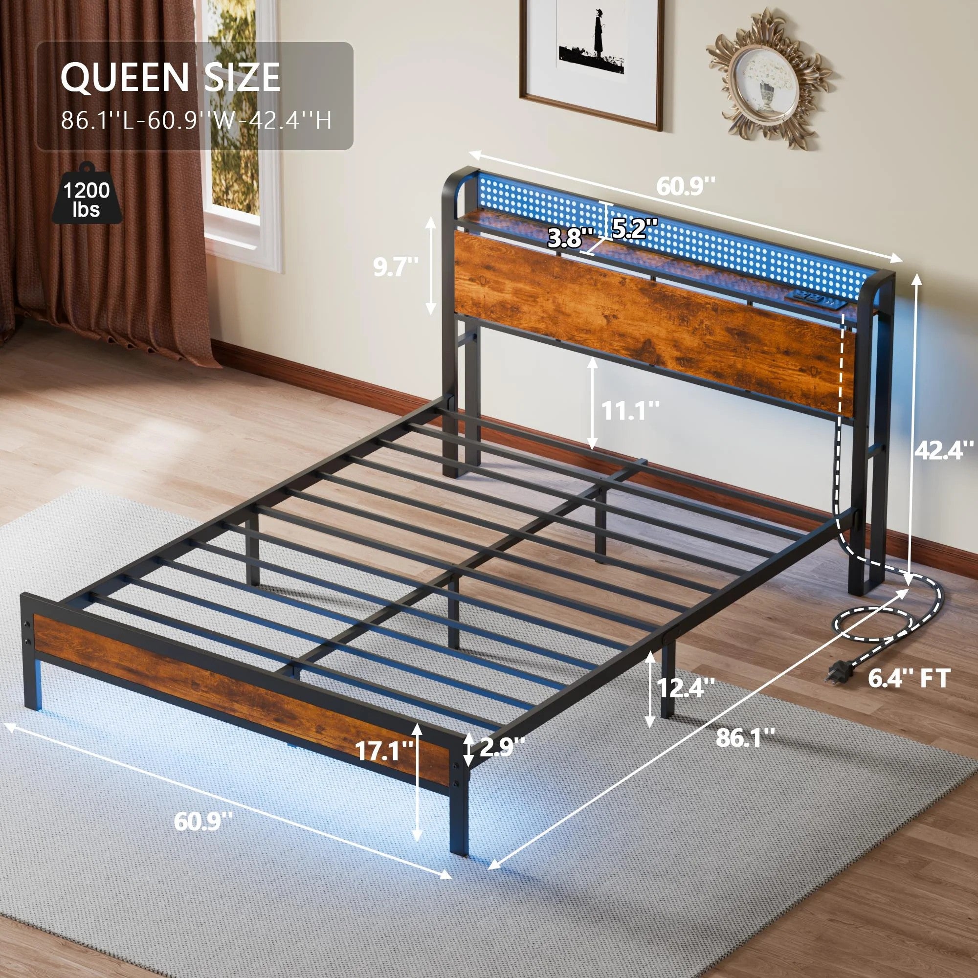 RGB LED Strip Platforrm Bed Frames with Headboard Metal, Storage Shelves & Underbed, Niose Free, No Box Spring Needed
