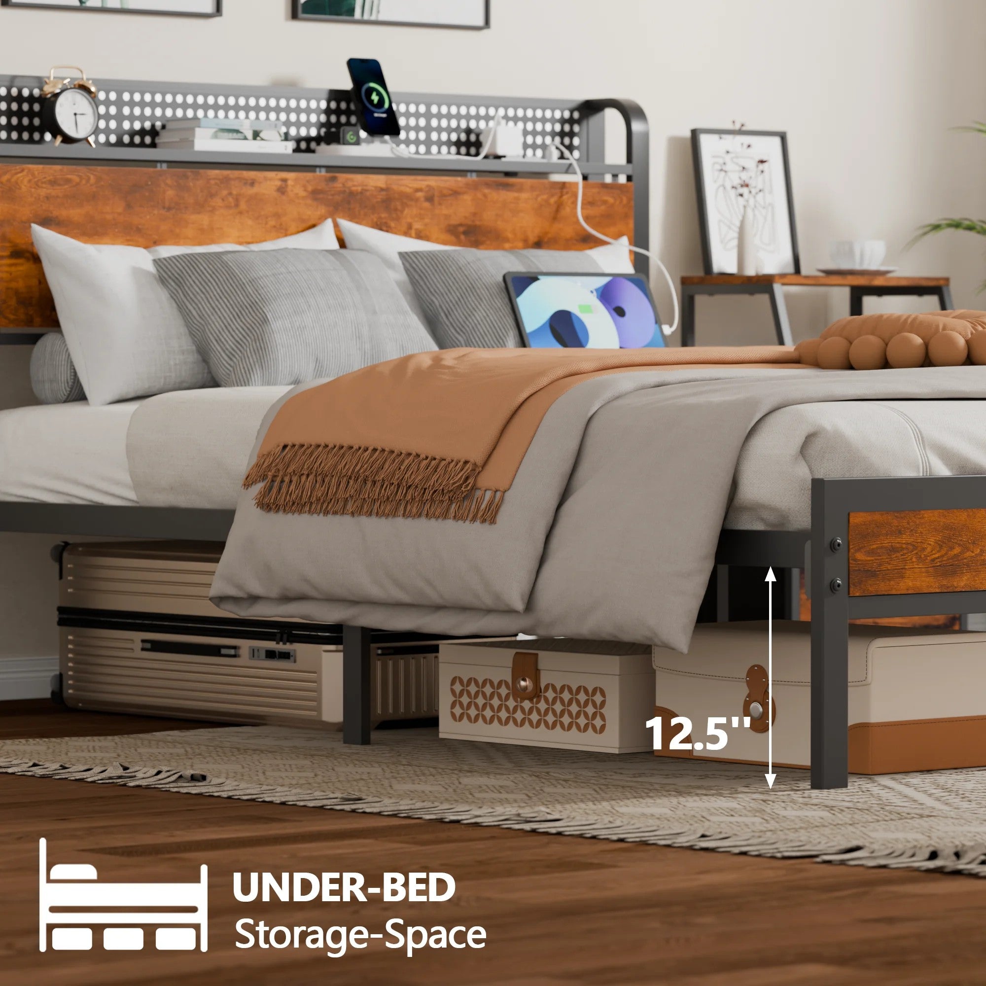 RGB LED Strip Platforrm Bed Frames with Headboard Metal, Storage Shelves & Underbed, Niose Free, No Box Spring Needed