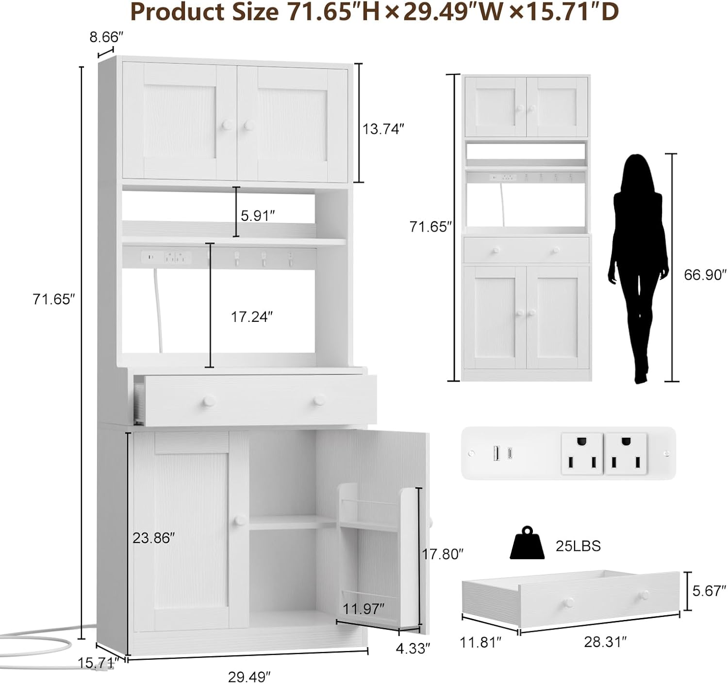 Qwatto 71'' Kitchen Pantry Storage Cabinet Farmhouse Freestanding Microwave Stand with Hutch Doors and Drawers for Dining Room and Coffee Bar