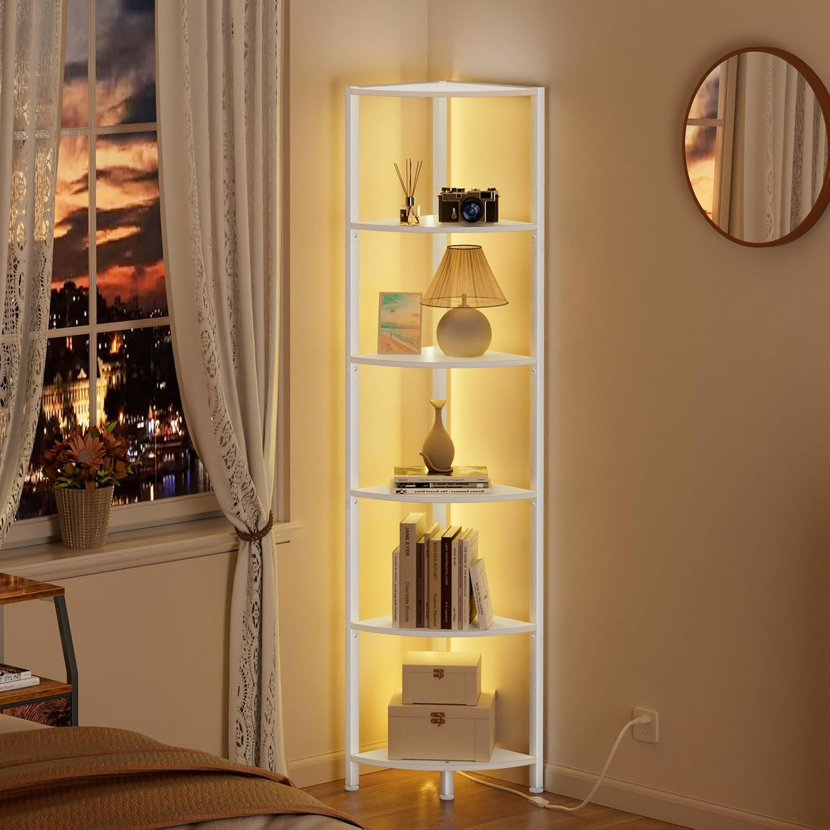 6 Tier Corner Shelf with LED Light, 67.5" White Narrow Bookshelf