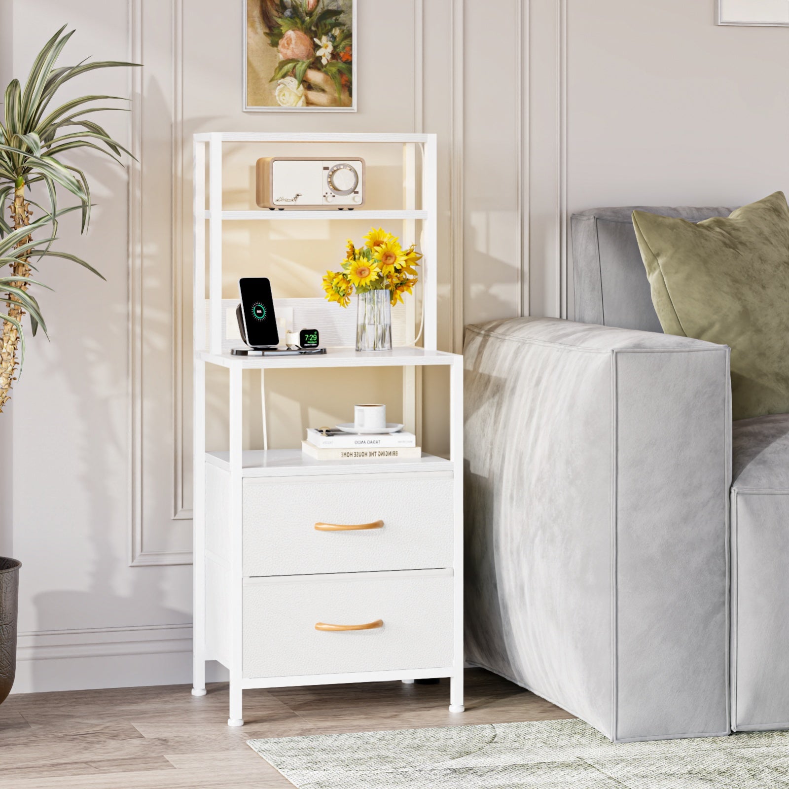 Furnulem Night Stand, Tall Nightstand with 4-Tier Shelves, 2 Fabric Drawers and Light Tube, Bed Side Tables with Charging Station, Bedside Table for Bedroom, Office, Rustic Brown