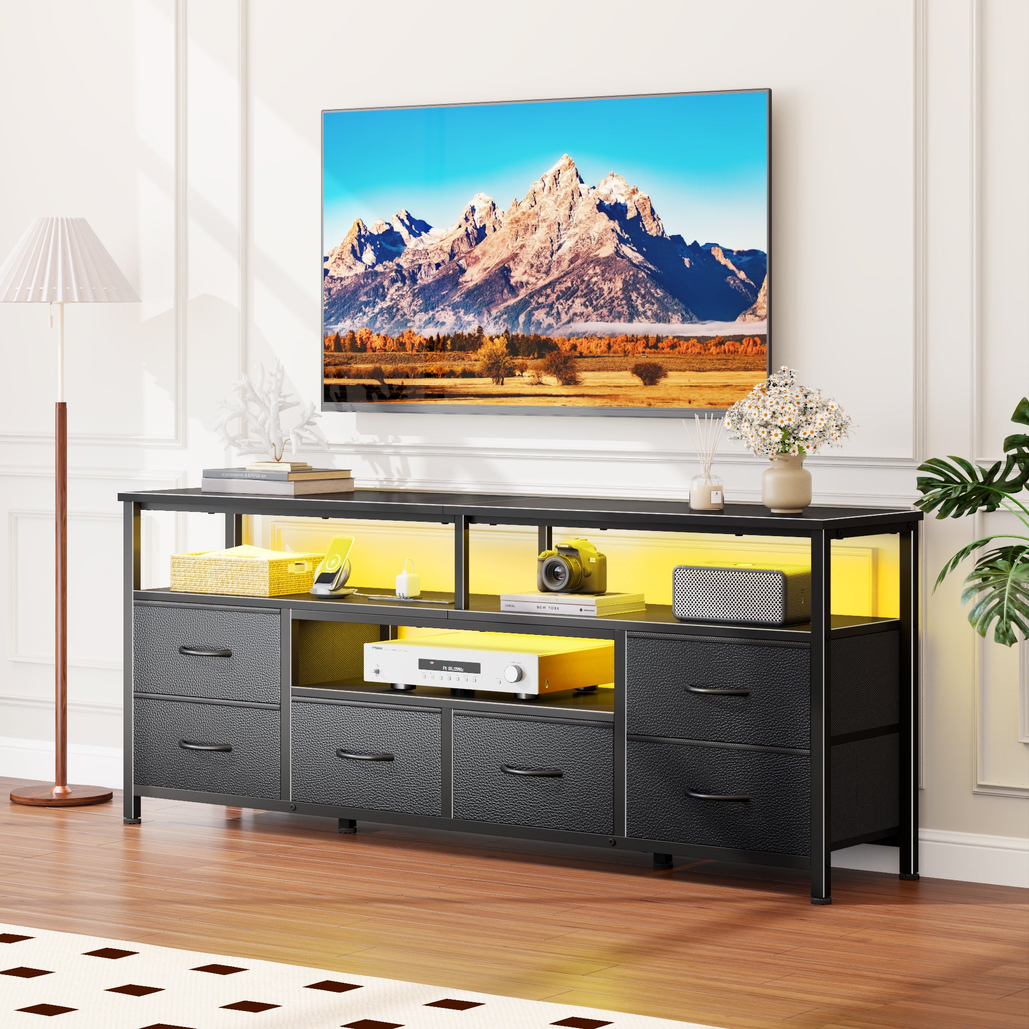 Qwatto 55 Inch Black TV Stand Dresser with Charging Station LED Lights 6 Fabric Drawers Entertainment Center for TVs up to 60 Inch Media Console