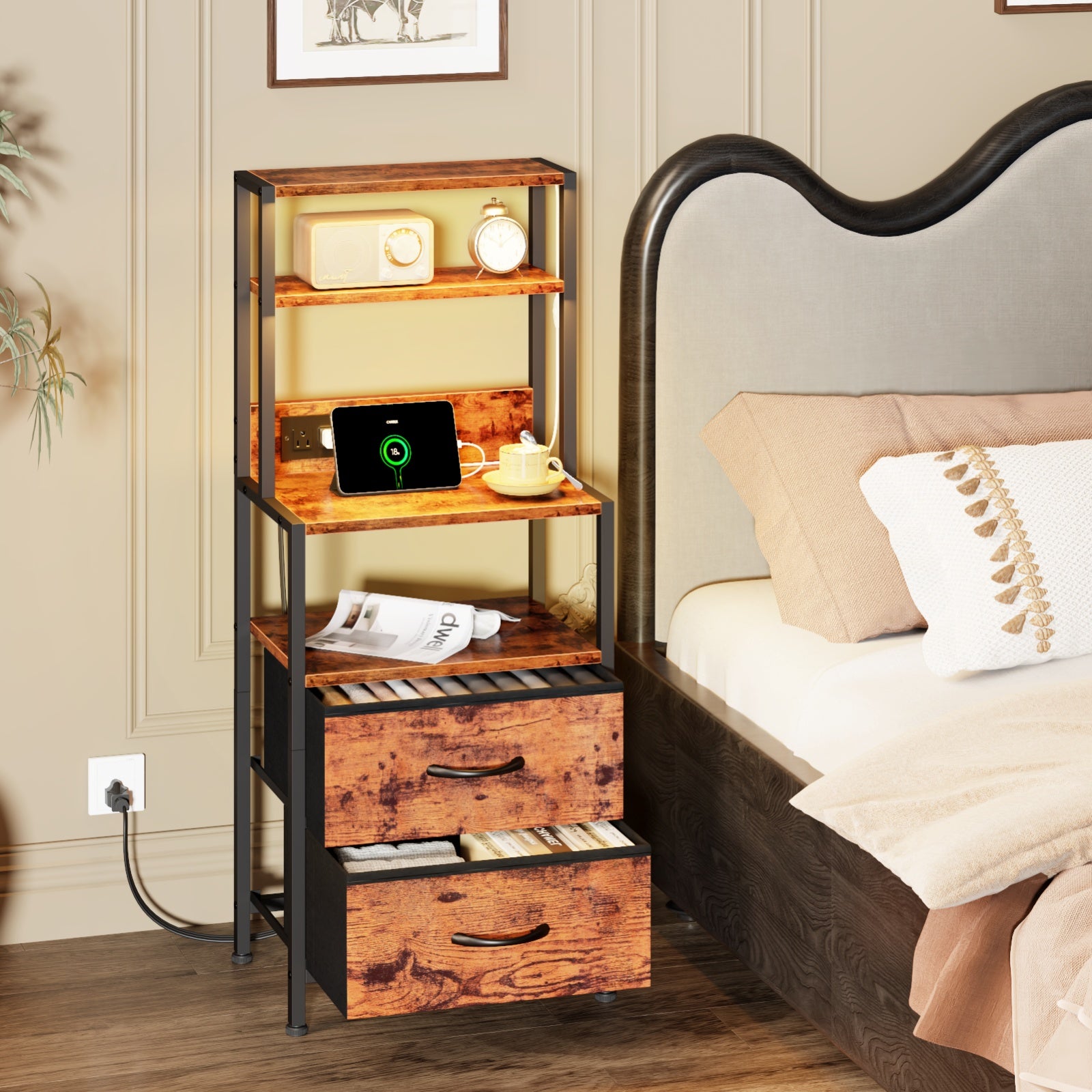 Furnulem Night Stand, Tall Nightstand with 4-Tier Shelves, 2 Fabric Drawers and Light Tube, Bed Side Tables with Charging Station, Bedside Table for Bedroom, Office, Rustic Brown