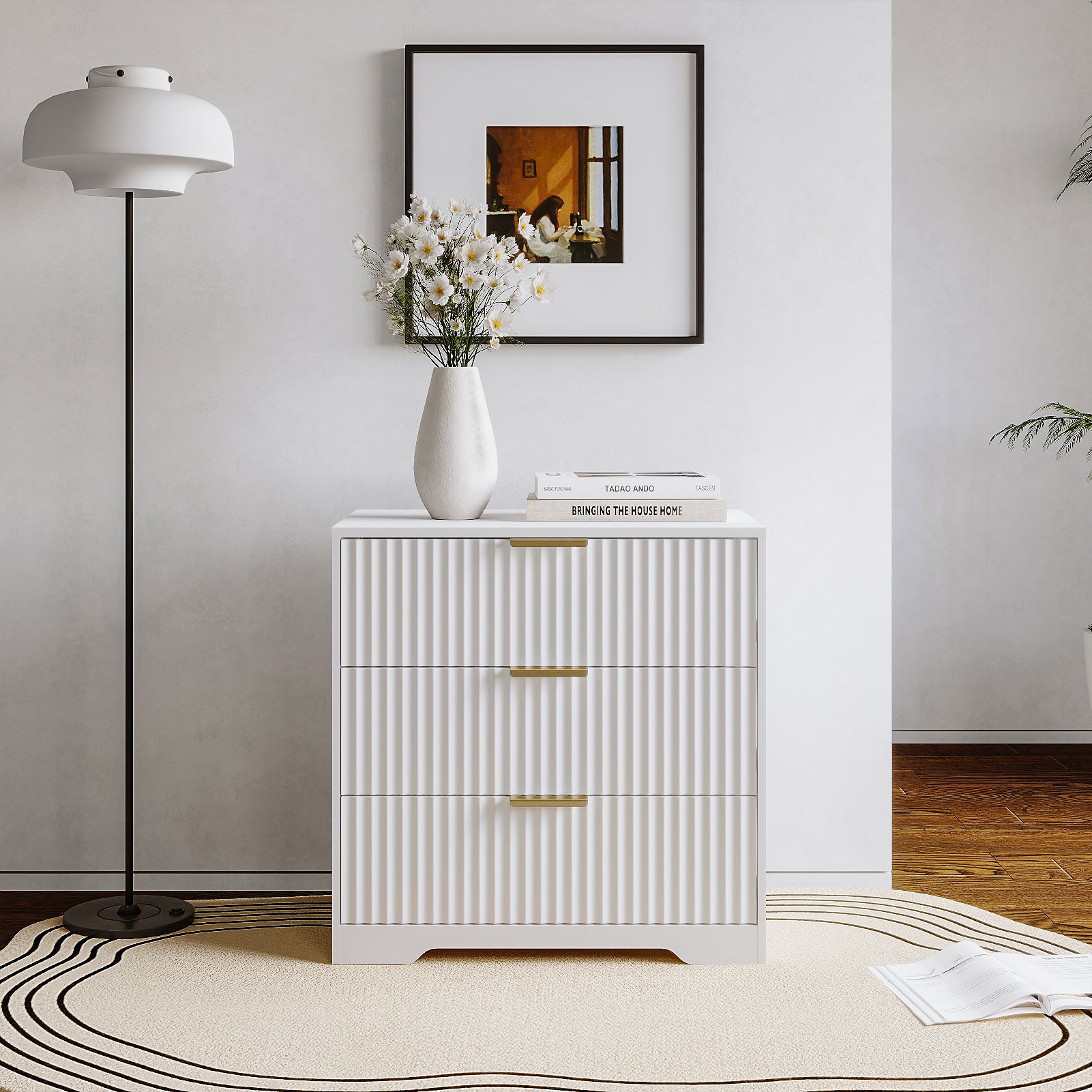 Modern Farmhouse White Nightstand 3 Drawer Fluted Wood Bedside Table Large Storage Cabinet Accent Chest Bedroom Furniture 27 Inch Wide End Table