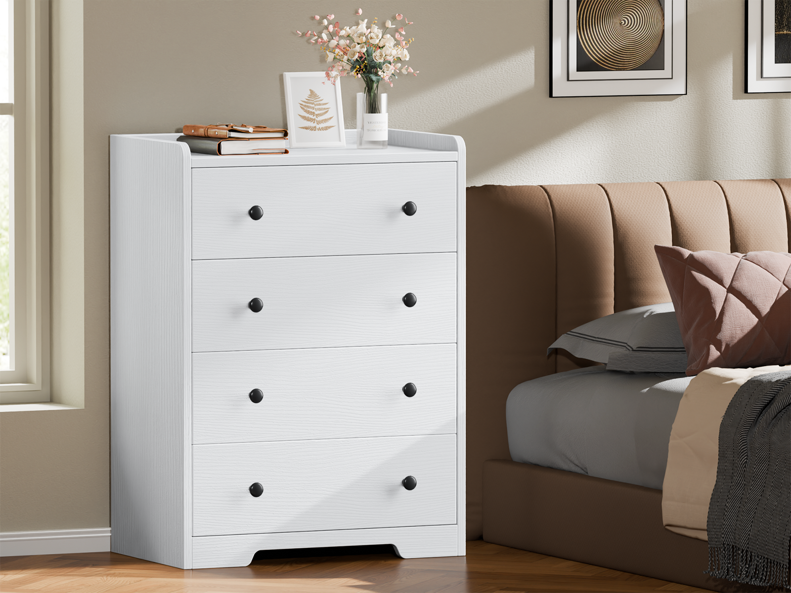 Furnulem 4-Drawer Dresser for Bedroom - White Wood Chest of Drawers Closet Storage Cabinet Organizer for Bedroom
