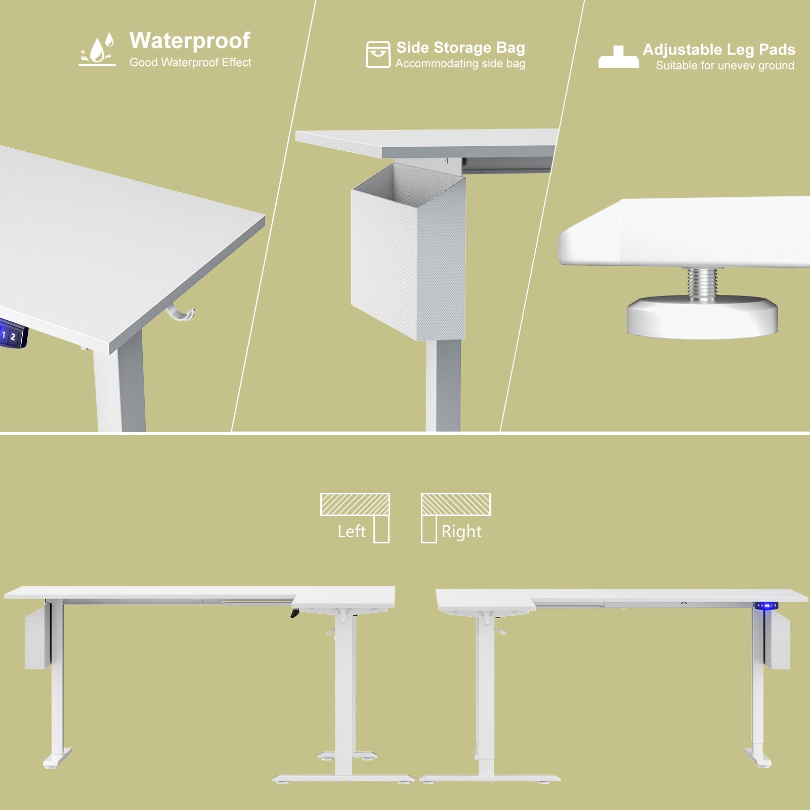 White 63 Inch L Shaped Electric Standing Desk Adjustable Height Sit to Stand Corner Computer Table Reversible Memory Presets Home Office Workstation