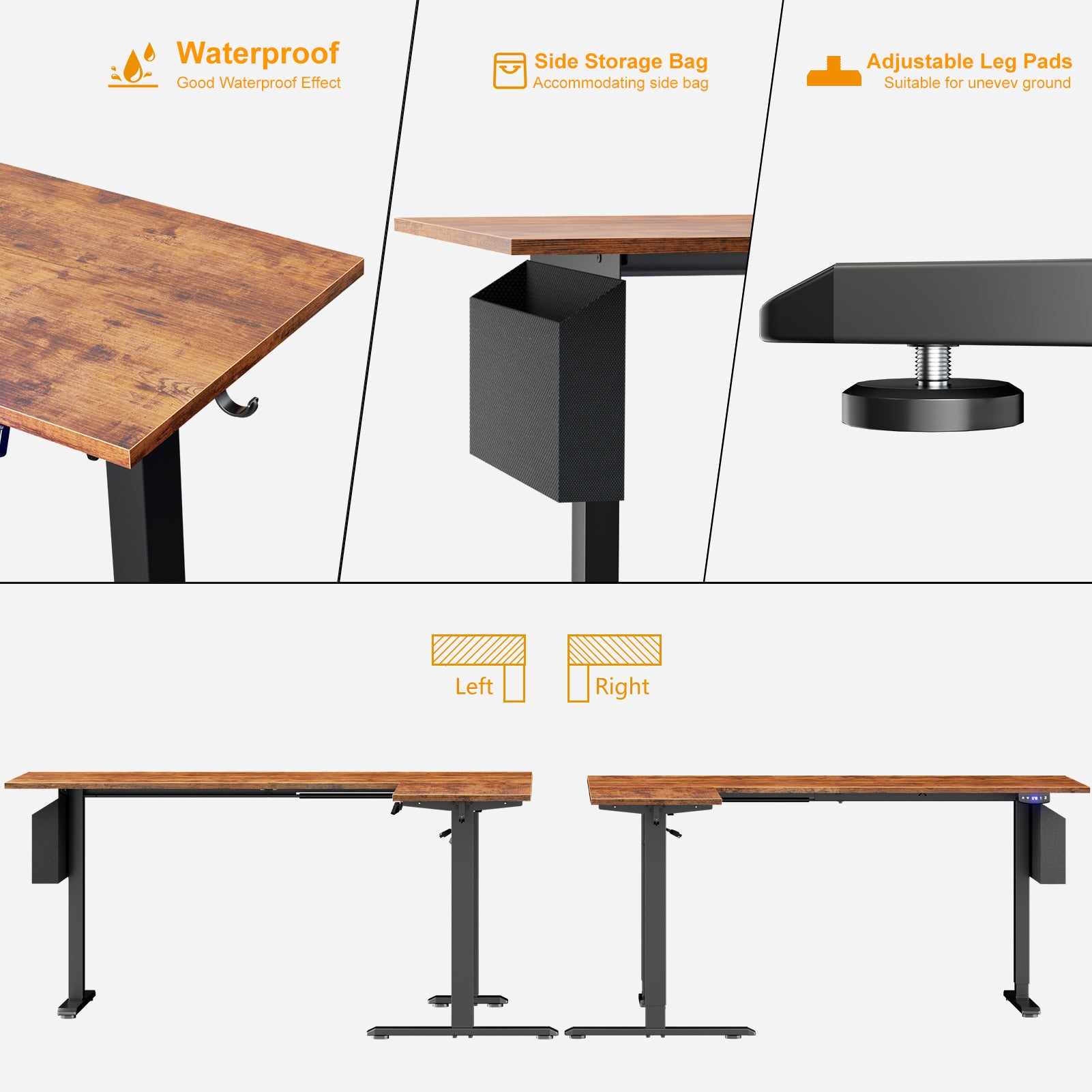 L Shaped Electric Standing Desk 63 Inch Height Adjustable Sit Stand Corner Computer Table Reversible Memory Presets Ergonomic Home Office Desk Brown