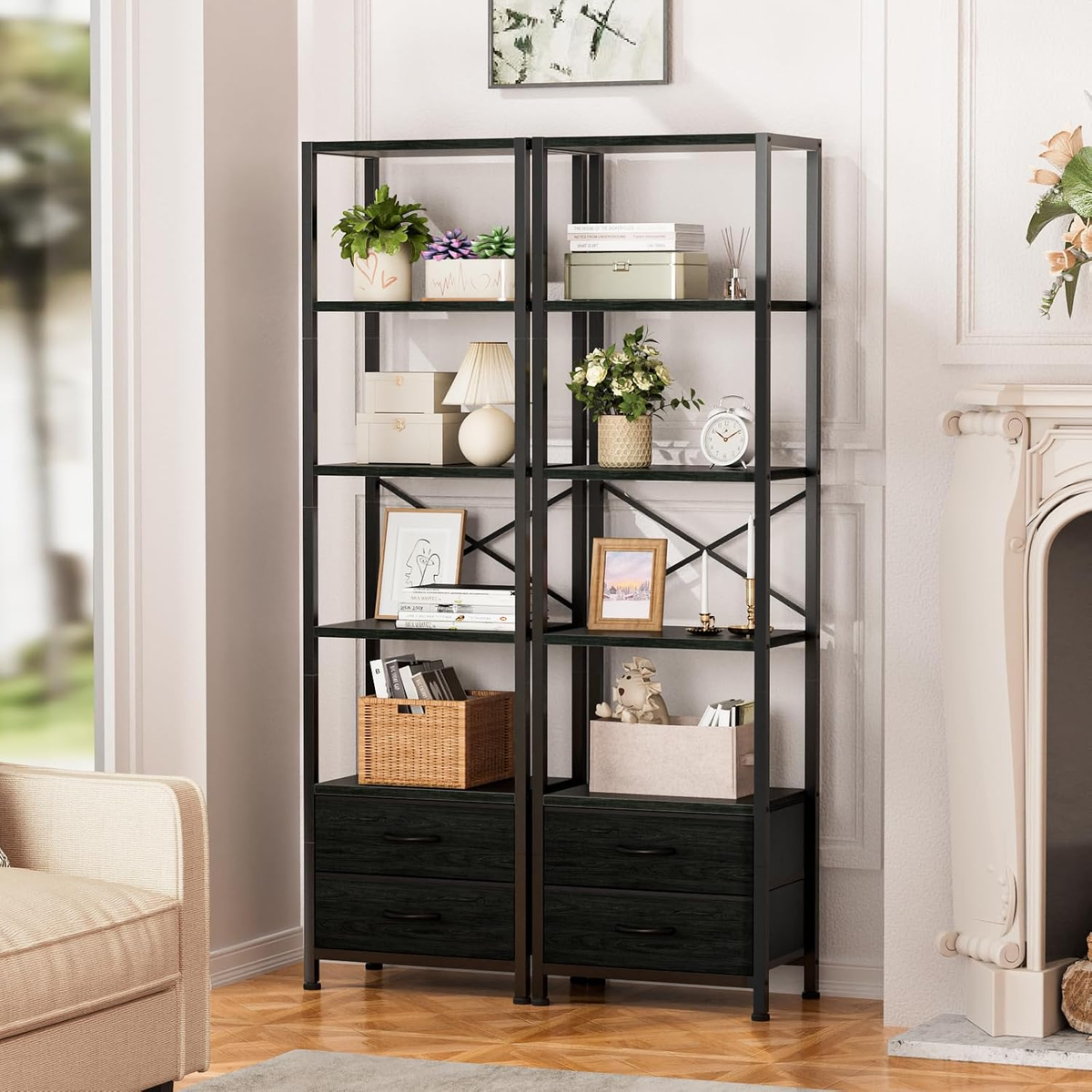 5-Tier Tall Corner Shelf, Narrow Bookshelf with Drawers