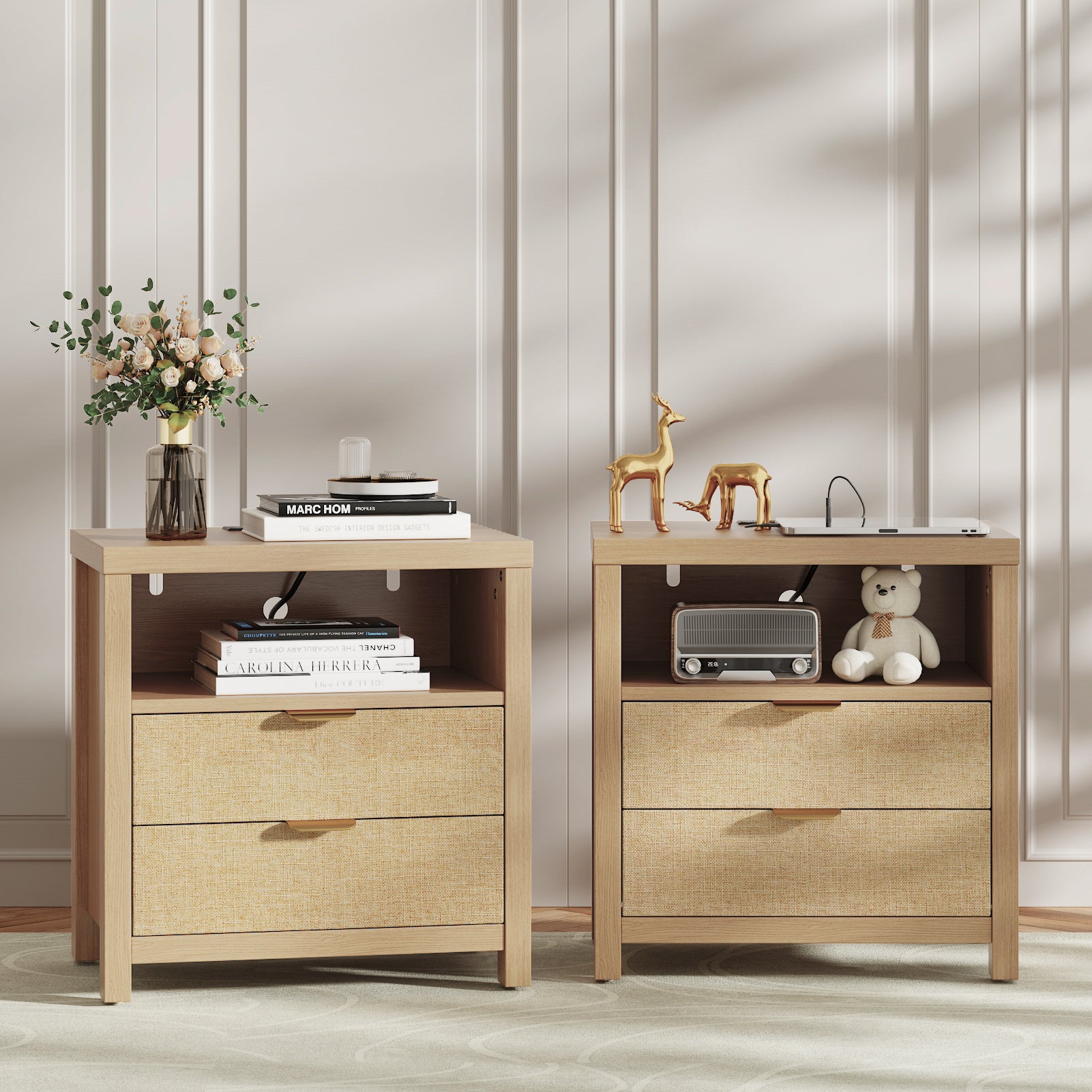 Natural Oak Wood Nightstand with Charging Station 2 Drawers Storage Shelf Bedside Table Modern Farmhouse End Table USB Ports Bedroom